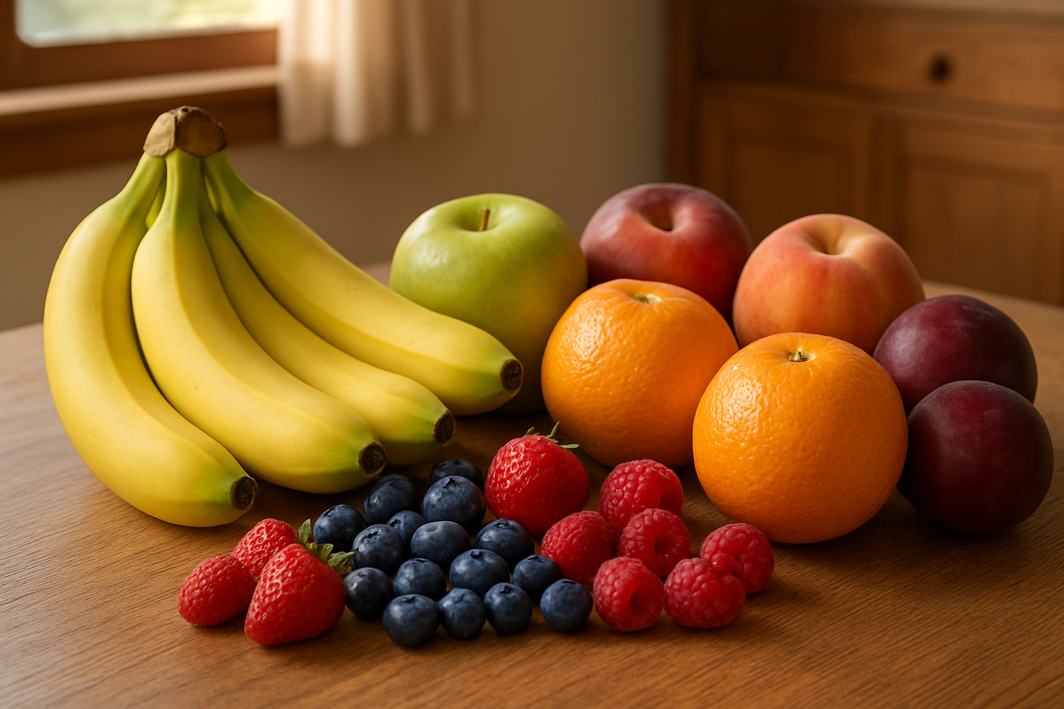 Create a realistic image of a diverse selection of fresh fruits at various stages of ripeness displayed on a wooden table, including perfectly ripe bananas with slight green tips, firm apples with smooth unblemished skin, plump berries without soft spots, bright citrus fruits with taut peels, and stone fruits like peaches and plums showing optimal color and firmness, with soft natural lighting from a window creating gentle shadows, warm kitchen environment in the background, emphasizing the visual cues for selecting quality produce for maximum longevity, absolutely NO text should be in the scene.