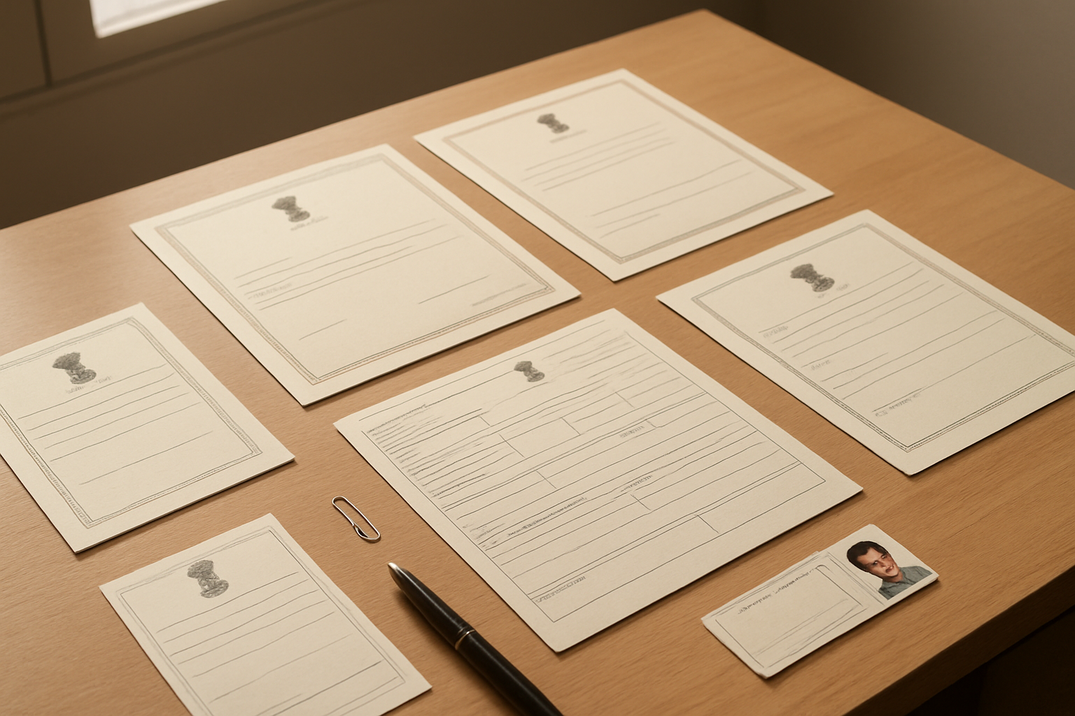 Create a realistic image of a neatly organized desk surface displaying various official Indian government documents and forms spread out in an orderly manner, including application forms, identity cards, academic certificates, and income certificates, alongside a black pen, paper clips, and a small stack of passport-sized photographs, with a warm natural lighting from a window casting soft shadows across the paperwork, set against a clean office environment background. Absolutely NO text should be in the scene.