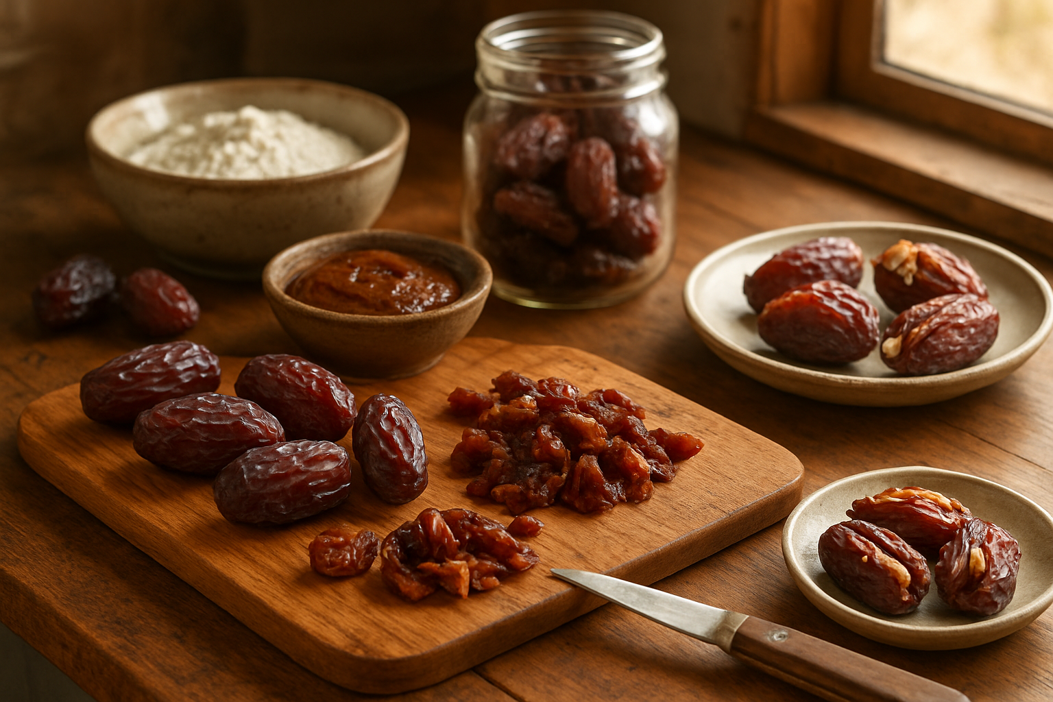 Create a realistic image of fresh Medjool dates arranged on a wooden cutting board with some dates pitted and chopped, a sharp knife nearby, a bowl of date paste, dried dates in a glass jar, and dates stuffed with nuts on a ceramic plate, all set on a rustic kitchen counter with warm natural lighting from a window, surrounded by baking ingredients like flour and honey in the background. Absolutely NO text should be in the scene.