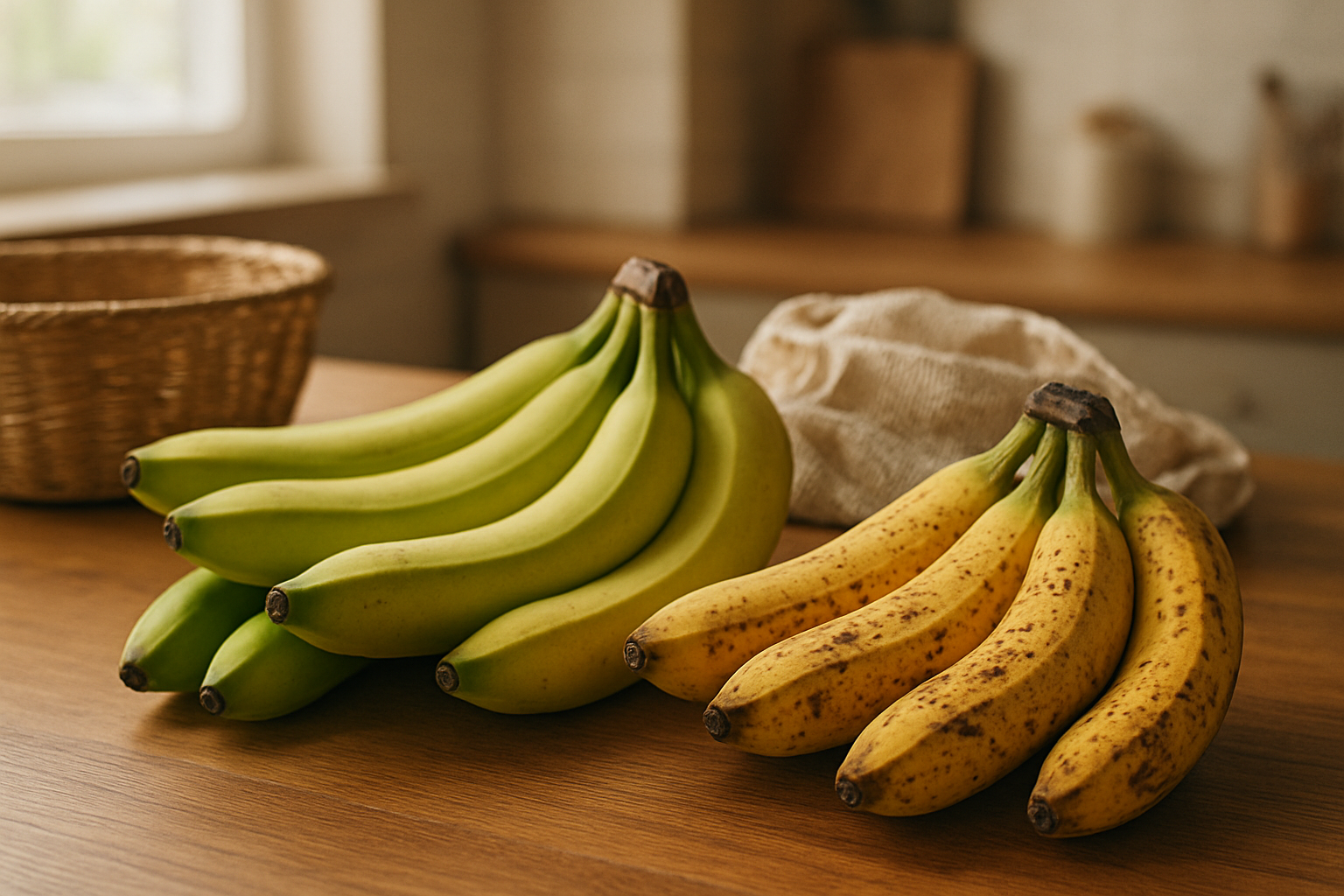 Create a realistic image of fresh apple bananas at different stages of ripeness displayed on a wooden kitchen counter, with some bananas showing green skin, others yellow, and a few with brown spots, alongside a wicker storage basket and a produce storage bag, featuring soft natural lighting from a nearby window, warm kitchen ambiance with blurred background of kitchen elements, absolutely NO text should be in the scene.