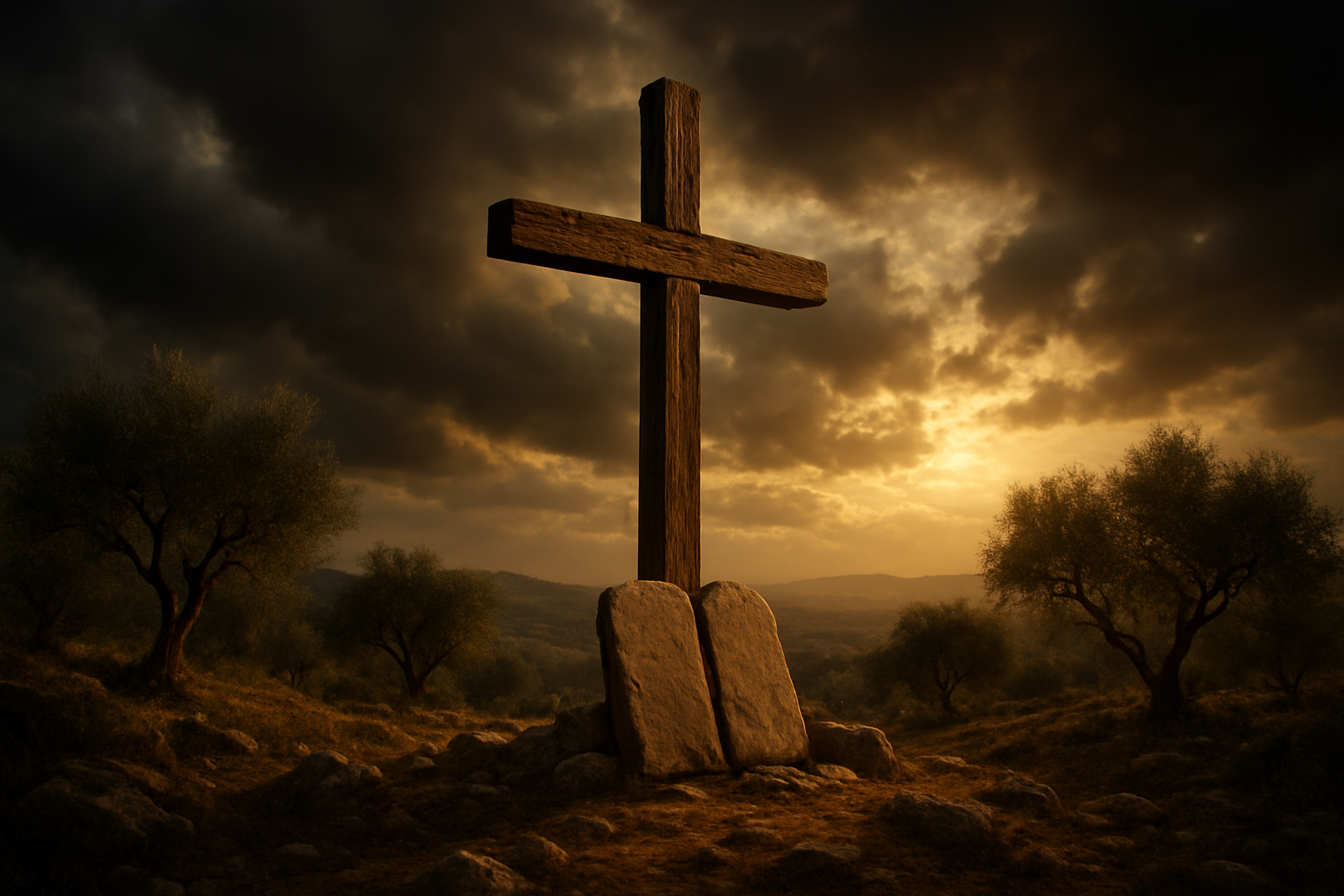 Create a realistic image of an ancient wooden cross standing prominently on a hill against a dramatic sky with dark clouds and golden light breaking through, symbolizing the theological significance of Christ's sacrifice, with weathered stone tablets or scrolls at the base of the cross representing biblical foundation, surrounded by olive trees and rocky terrain typical of biblical landscapes, conveying a solemn and reverent atmosphere with warm golden hour lighting casting long shadows, absolutely NO text should be in the scene.