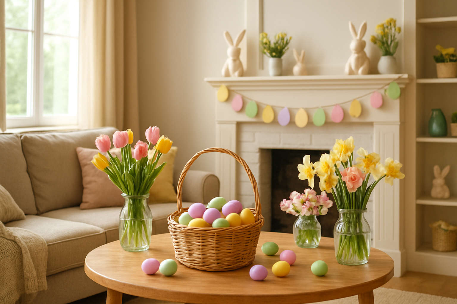 Create a realistic image of a cozy living room interior being decorated for Easter with pastel-colored Easter eggs, fresh spring flowers in vases, bunny figurines on shelves, colorful Easter garlands hanging from the mantle, a basket filled with decorative eggs on a coffee table, soft natural lighting streaming through windows, warm and inviting atmosphere with spring colors of pink, yellow, green and lavender throughout the space, absolutely NO text should be in the scene.