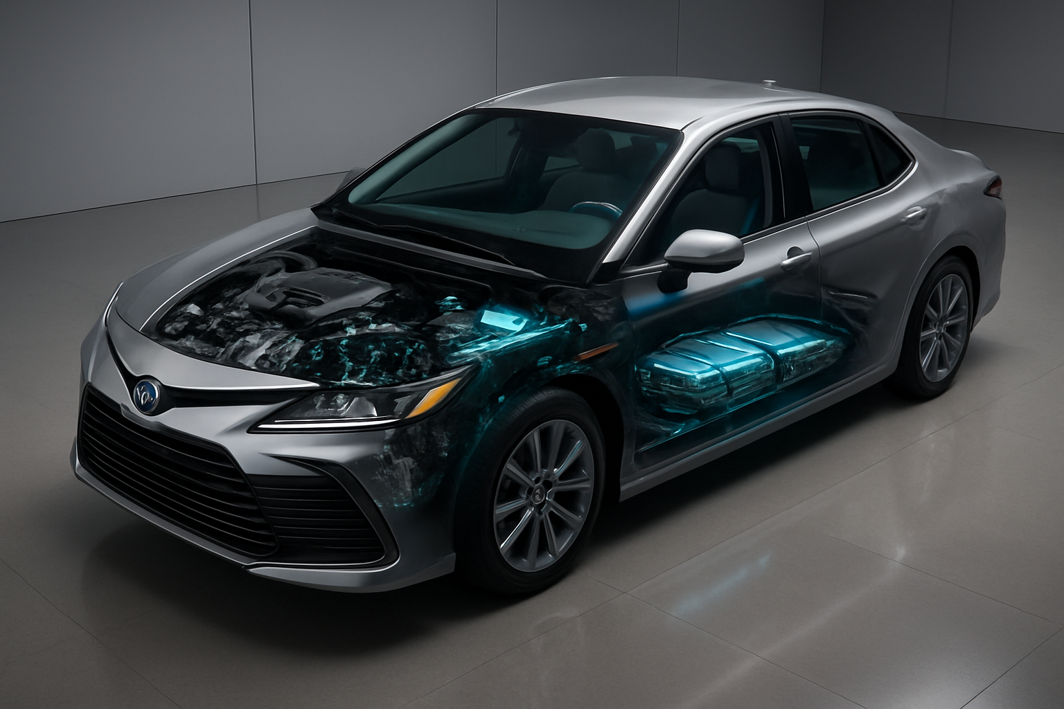 Create a realistic image of a cutaway view of a 2026 Toyota Camry showing the hybrid engine system with visible electric motor, battery pack, and traditional gasoline engine components, featuring clean modern automotive interior with blue and green accent lighting highlighting the hybrid technology, dashboard displaying fuel efficiency metrics and eco-friendly indicators, sleek silver exterior finish, professional automotive photography lighting with soft shadows, positioned in a clean modern showroom environment with subtle reflections on polished floor, emphasizing the advanced hybrid technology and fuel efficiency benefits, absolutely NO text should be in the scene.