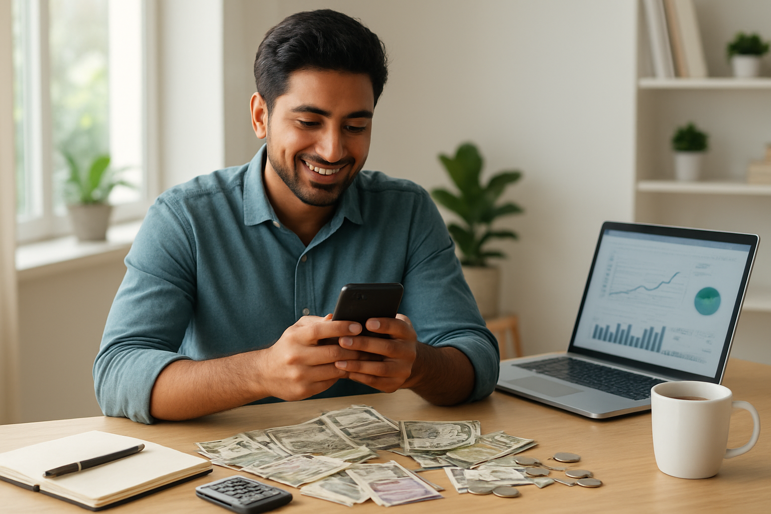 Create a realistic image of a young Indian male sitting at a modern desk with a smartphone in his hands, multiple Indian rupee notes and coins scattered on the desk surface, a laptop computer open beside him showing a dashboard interface, a small calculator, a notebook with pen, and a cup of coffee, set in a bright home office environment with natural daylight streaming through a window, conveying a sense of success and financial achievement, absolutely NO text should be in the scene.