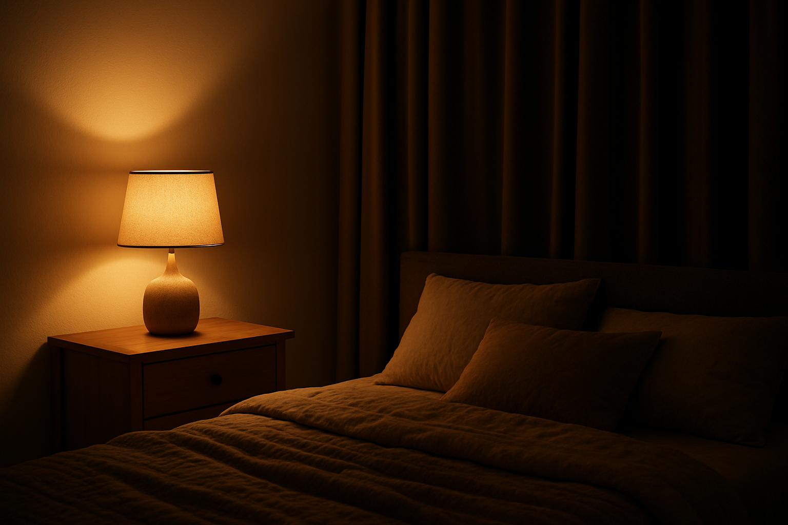 Create a realistic image of a cozy bedroom scene in the evening showing the transformation from harsh bright lighting to soft warm lighting, with a bedside table featuring a warm-toned lamp with dimmed golden light, blackout curtains drawn closed, a comfortable bed with soft pillows and blankets, and subtle ambient lighting creating a peaceful sleep-ready atmosphere, shot from a side angle to show the serene bedroom environment with soft shadows and a calming mood. Absolutely NO text should be in the scene.