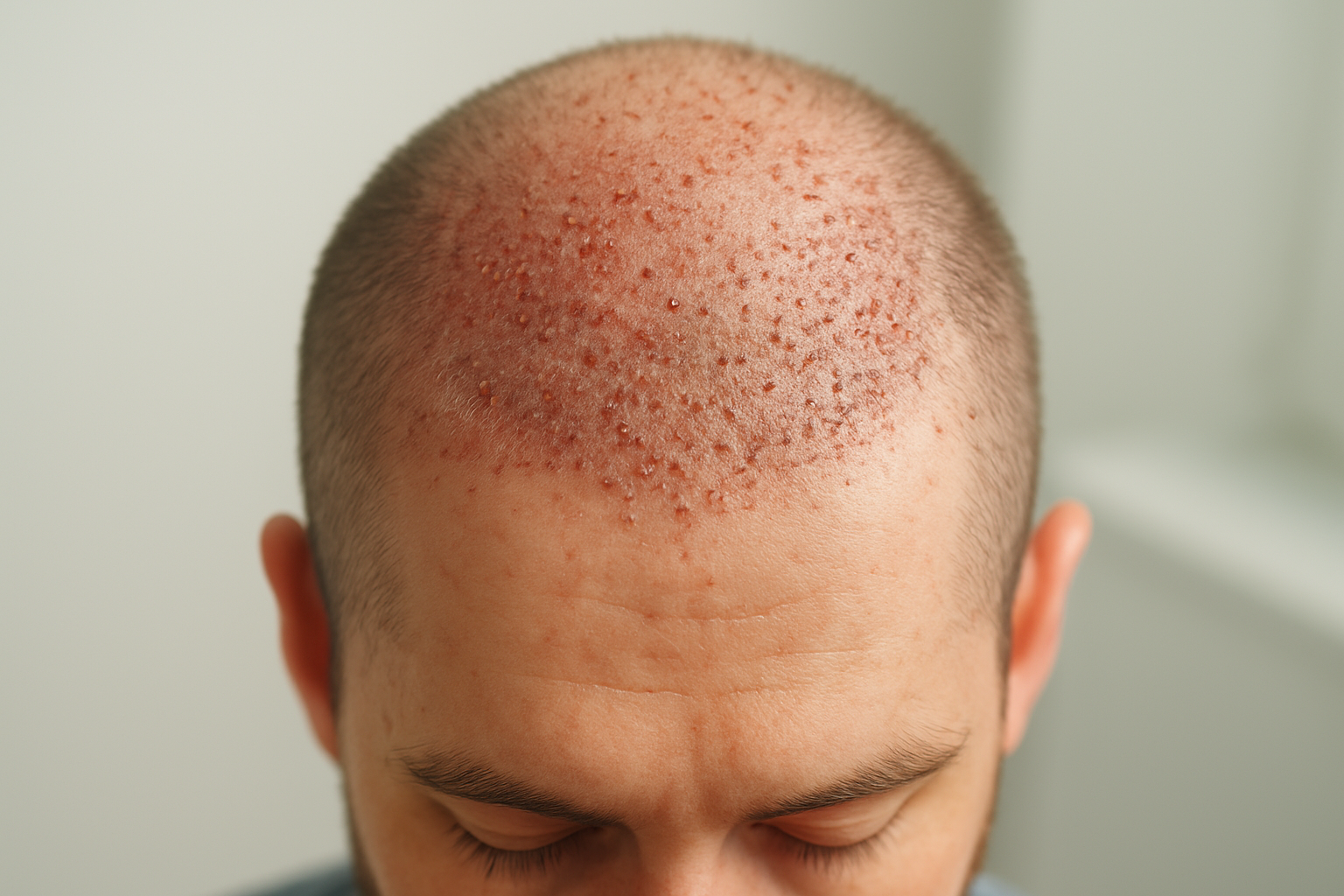 Create a realistic image of a close-up view of the top and back of a male's scalp showing hair transplant healing progress during the early recovery phase, with small scabs and redness around newly transplanted hair follicles, some areas showing initial hair growth while others display healing donor sites, soft natural lighting illuminating the scalp details, clean clinical background suggesting a medical environment, calm and hopeful mood indicating positive recovery progress, absolutely NO text should be in the scene.