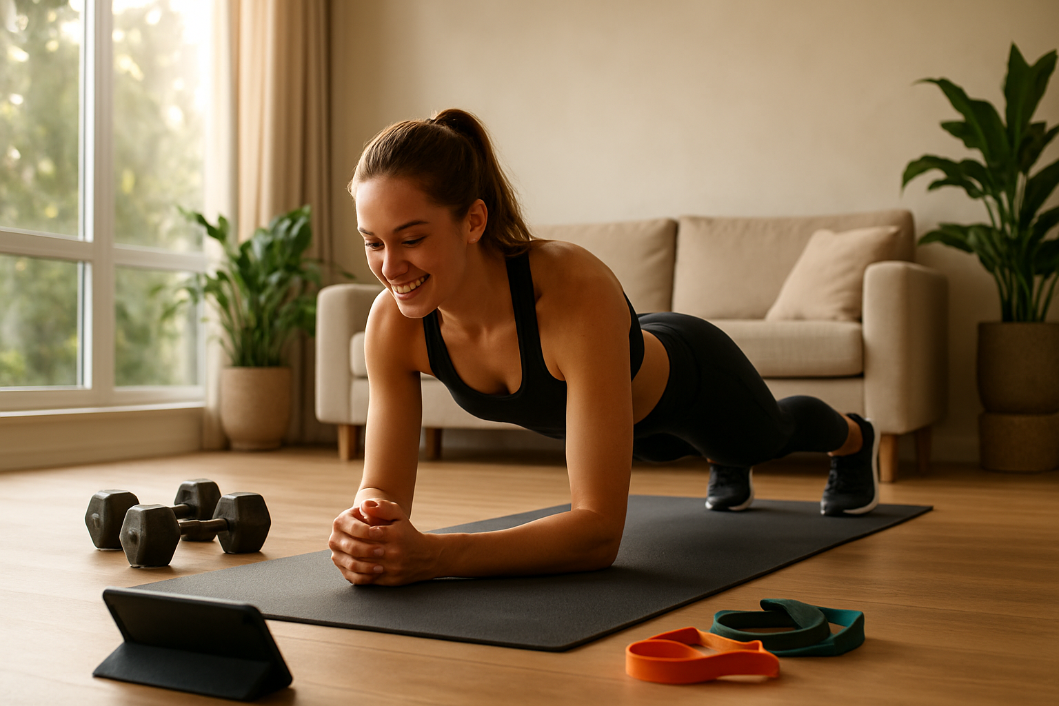 Create a realistic image of a modern living room setting with a white female in athletic wear doing a bodyweight exercise on a yoga mat, with a smartphone or tablet displaying a workout app nearby, dumbbells and resistance bands neatly arranged on the floor, large windows showing natural daylight streaming in, a comfortable sofa in the background, and potted plants adding a fresh atmosphere, conveying a sense of accomplishment and balanced lifestyle integration, with warm natural lighting creating an inviting and motivational mood, absolutely NO text should be in the scene.