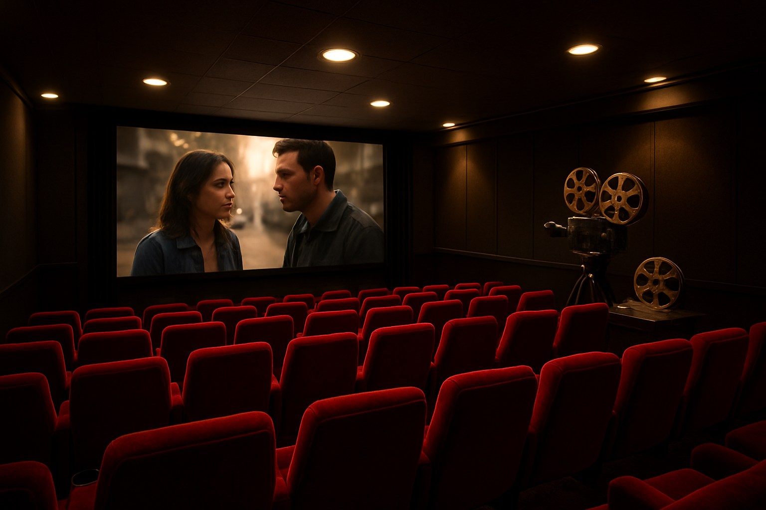 Create a realistic image of a modern movie theater screening room with plush red velvet seats facing a large cinema screen displaying a contemporary film scene, with soft ambient lighting from ceiling fixtures casting a warm glow over the theater interior, film reels and a vintage movie camera positioned on a side table, creating an atmosphere that bridges classic and modern filmmaking, with dramatic cinematic lighting emphasizing the sophistication of contemporary storytelling, absolutely NO text should be in the scene.