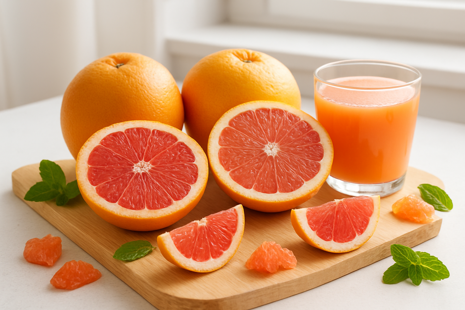 Create a realistic image of a beautifully arranged composition featuring whole and halved fresh grapefruits in various colors including pink, red, and white varieties displayed on a clean wooden cutting board, surrounded by scattered grapefruit segments, fresh mint leaves, and a glass of freshly squeezed grapefruit juice, set against a bright, clean kitchen counter with soft natural lighting streaming from a window, creating a fresh and healthy atmosphere that conveys the complete grapefruit experience from selection to consumption, with subtle shadows and highlights emphasizing the vibrant citrus textures and juicy appearance, absolutely NO text should be in the scene.