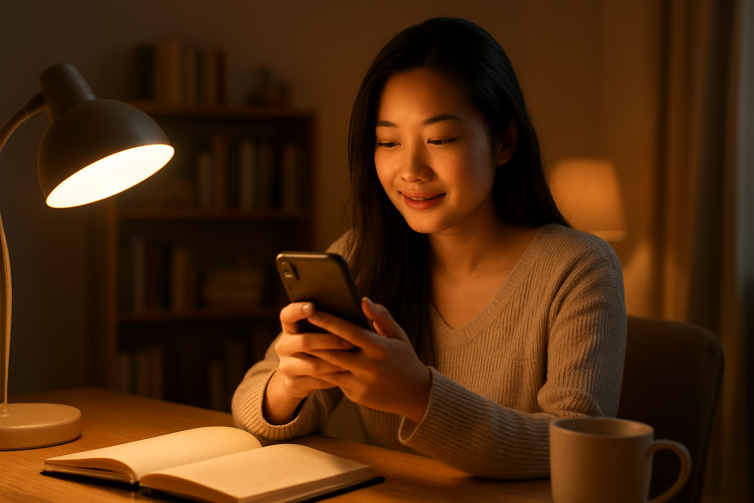 Create a realistic image of a young Asian female content creator sitting in a cozy, softly-lit room with warm golden lighting from a desk lamp, looking thoughtfully at her smartphone screen while holding it in her hands, with a subtle smile suggesting emotional connection, surrounded by a comfortable home setting with books, a journal, and a cup of tea on a wooden desk, capturing an intimate and reflective atmosphere perfect for creating heartfelt YouTube content, absolutely NO text should be in the scene.