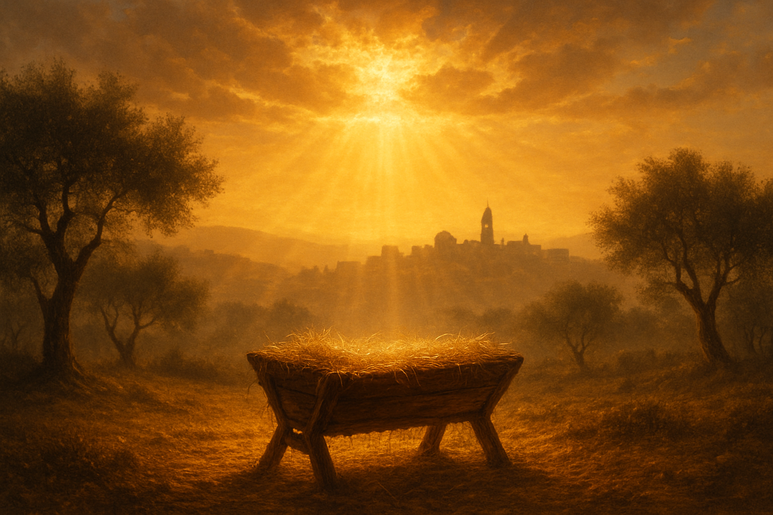 Create a realistic image of a peaceful nativity scene at dawn with warm golden sunlight streaming through clouds, featuring the silhouette of Bethlehem in the background with rolling hills, a wooden manger with hay in the foreground, gentle rays of light emanating from above creating a divine atmosphere, olive trees and ancient stone buildings visible in the distance, soft morning mist, serene and hopeful mood with warm amber and golden tones throughout the scene, absolutely NO text should be in the scene.