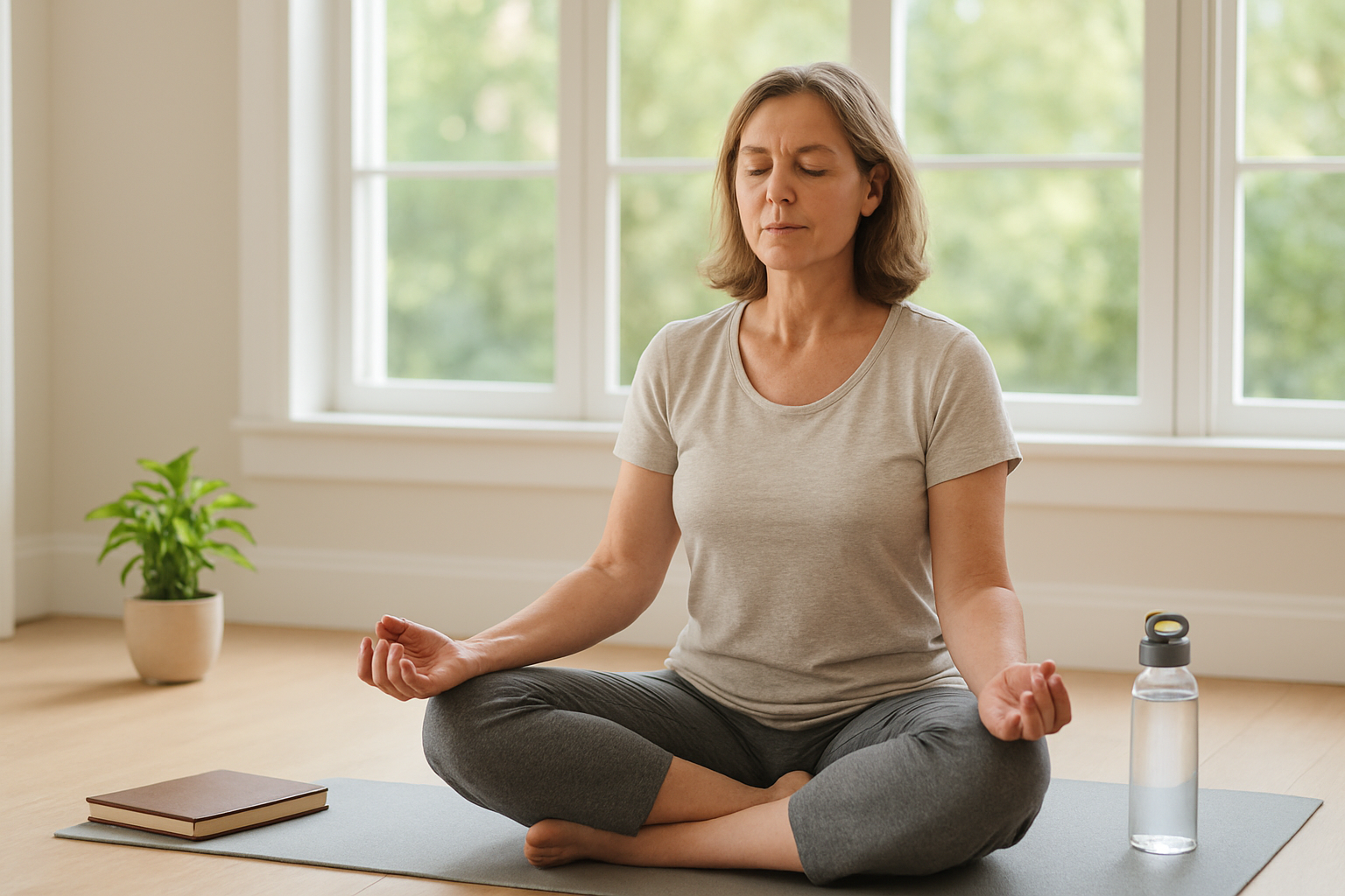 Create a realistic image of a serene middle-aged white female sitting in a peaceful meditation pose on a yoga mat in a bright, airy room with large windows showing green nature outside, surrounded by elements representing long-term wellness including a small potted plant, a journal, and a water bottle, with soft natural lighting creating a calm and balanced atmosphere that conveys building resilience and sustainable stress management practices, absolutely NO text should be in the scene.