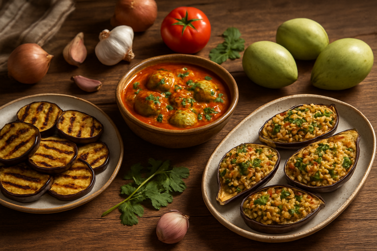 Create a realistic image of various prepared garden egg dishes artfully arranged on a rustic wooden table, featuring grilled garden egg slices with golden char marks, a colorful garden egg curry in a ceramic bowl with vibrant spices, stuffed garden eggs filled with aromatic rice and herbs, and fresh raw garden eggs nearby for reference, surrounded by cooking ingredients like garlic, onions, tomatoes, and fresh herbs, with warm natural lighting from a nearby window creating an inviting culinary atmosphere, shot from a slightly elevated angle to showcase the variety of preparations, absolutely NO text should be in the scene.