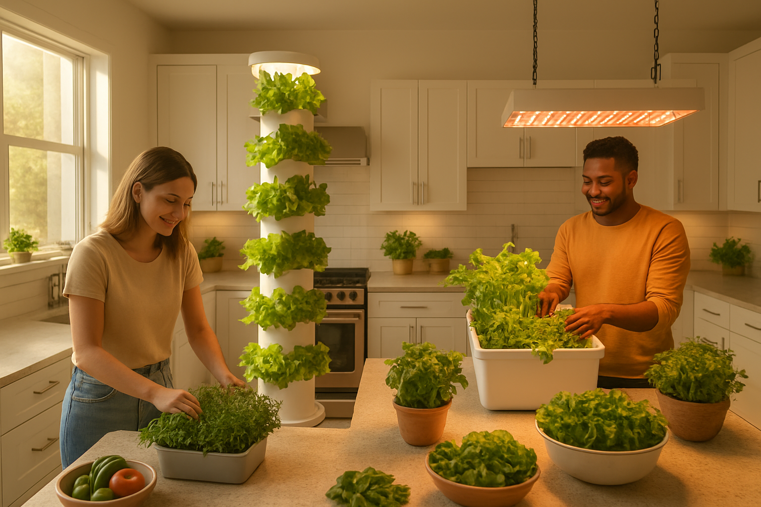 Create a realistic image of a bright modern kitchen with multiple indoor growing systems including vertical hydroponic towers, LED grow lights suspended over leafy greens, small herb gardens on countertops, and a diverse group of people including a white female and black male tending to various indoor plants, with fresh vegetables and herbs visible growing under artificial lighting, warm ambient lighting throughout the space, conveying a sense of productivity and sustainable living, absolutely NO text should be in the scene.