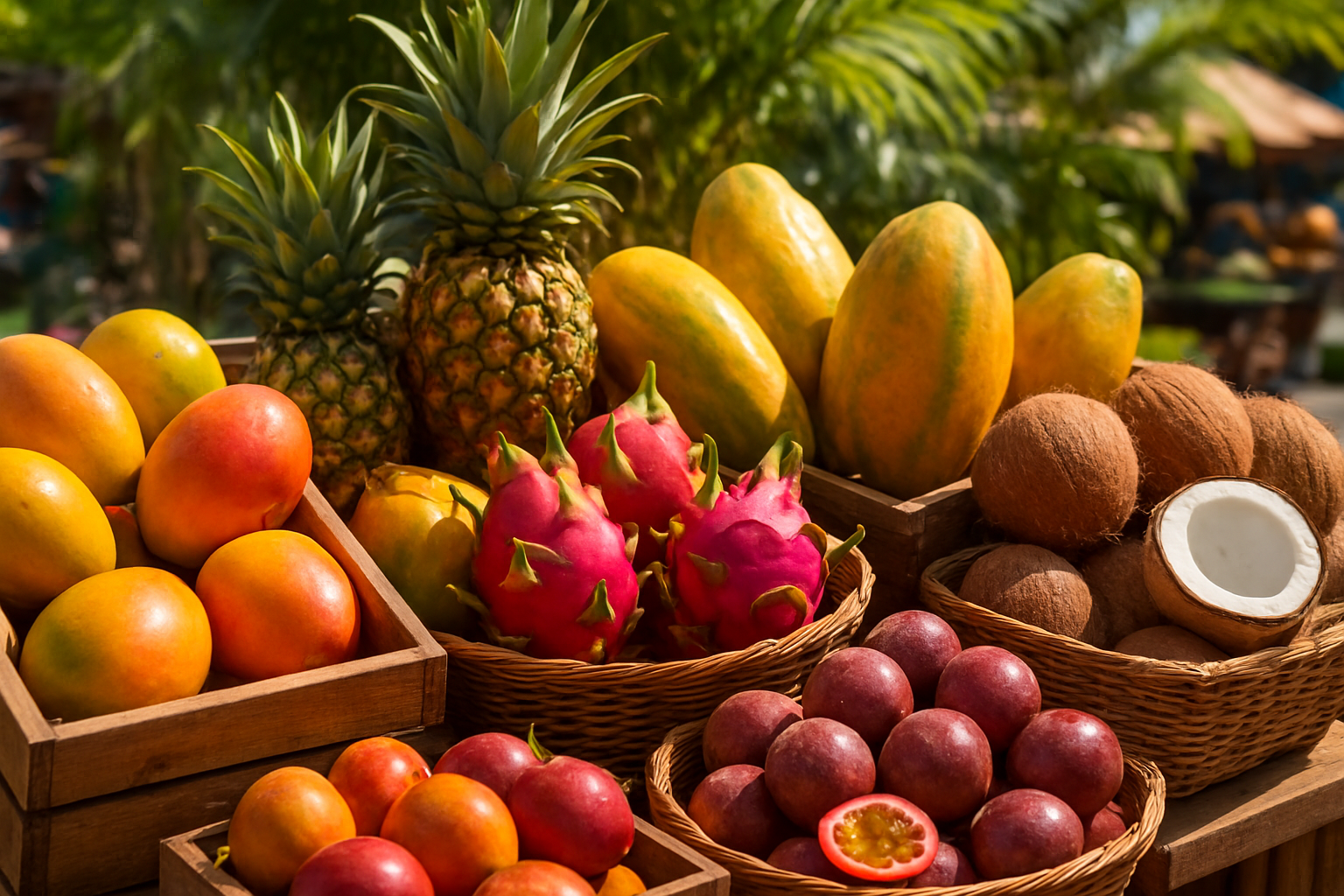 Create a realistic image of a vibrant tropical fruit market display featuring an abundance of exotic fruits including mangoes, pineapples, papayas, dragon fruit, passion fruit, and coconuts arranged in wooden crates and woven baskets, set against a bright outdoor marketplace background with natural sunlight illuminating the colorful fruits, creating rich shadows and highlighting the fresh, glossy textures of the tropical produce, with lush green palm fronds visible in the soft-focused background suggesting a warm tropical climate, absolutely NO text should be in the scene.