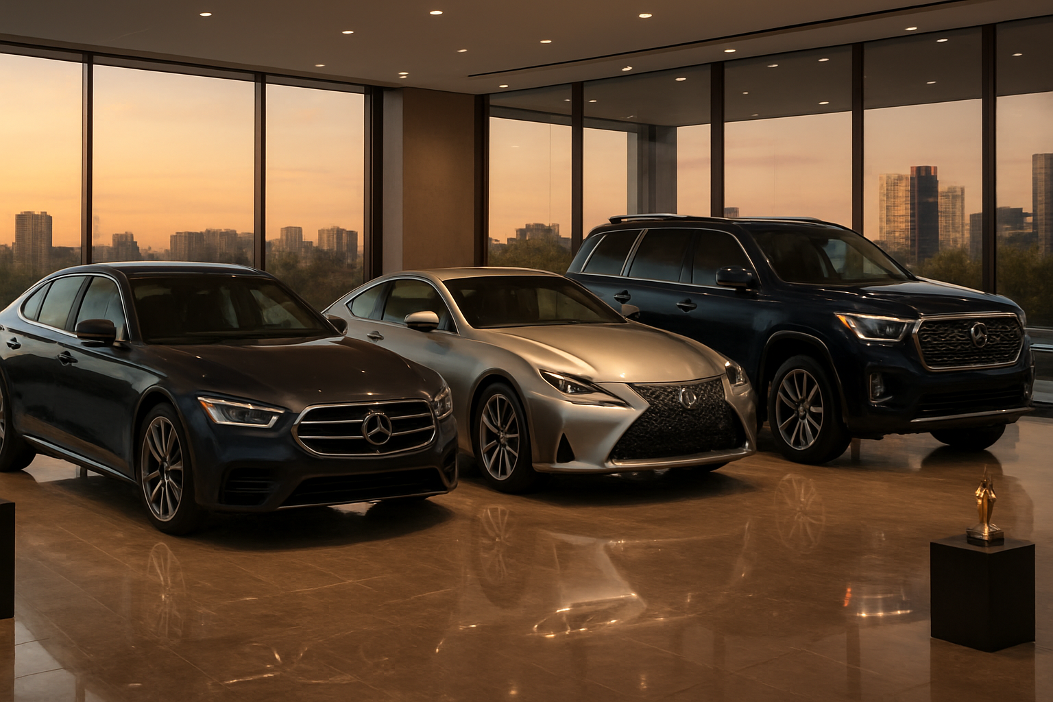 Create a realistic image of a prestigious car dealership showroom featuring three luxury vehicles - a sleek German sedan, an elegant Japanese luxury coupe, and a premium American SUV - positioned on polished marble flooring under sophisticated LED spotlighting, with floor-to-ceiling glass windows in the background showing a cityscape at golden hour, creating warm ambient lighting that reflects off the vehicles' pristine paint finishes, with subtle trophy or award elements placed on modern display pedestals nearby to suggest value and excellence, absolutely NO text should be in the scene.