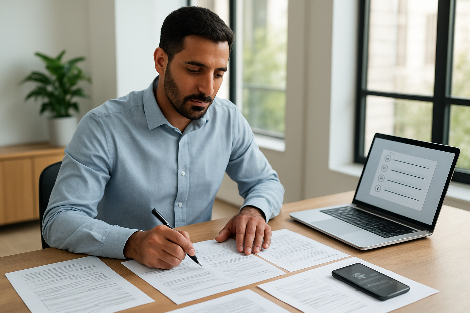 Create a realistic image of a Middle Eastern male homeowner in his 30s sitting at a modern wooden desk in a bright, contemporary office setting, reviewing official inspection documents and reports spread across the desk, with a laptop computer open showing a digital checklist, a smartphone displaying contact information, and a pen in his hand as he makes notes, with natural daylight streaming through large windows in the background creating a professional and organized atmosphere, absolutely NO text should be in the scene.