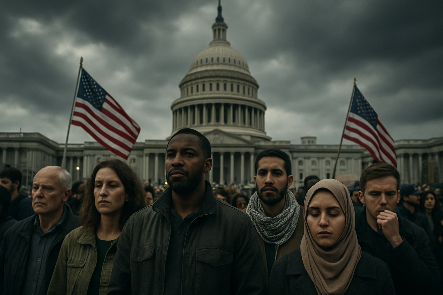 Create a realistic image of a diverse group of people including white, black, and Middle Eastern men and women of various ages standing in front of the U.S. Capitol building, some holding American flags while others appear in contemplative poses, with dramatic overcast sky creating somber lighting, representing the complex political and social divisions surrounding military conflict, with protestors and supporters visible in the background, capturing the tension and uncertainty of wartime political consequences, absolutely NO text should be in the scene.