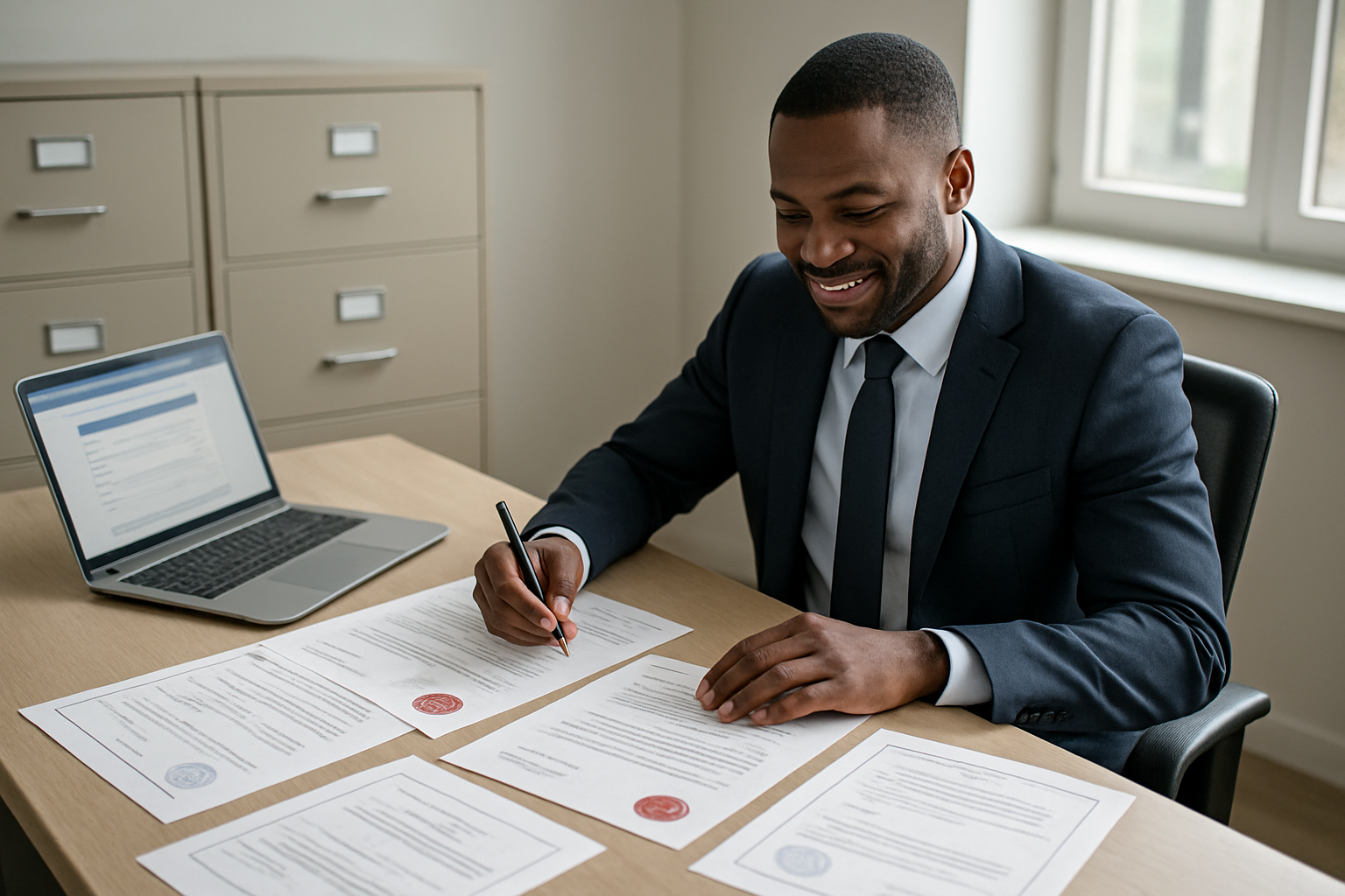 Create a realistic image of a black male entrepreneur sitting at a modern office desk reviewing official business registration documents and license certificates spread across the desk, with a laptop computer open showing a government registration website, official stamps and seals visible on the papers, a pen in his hand, professional office environment with filing cabinets in the background, bright natural lighting from a window, conveying a sense of accomplishment and professionalism, absolutely NO text should be in the scene.
