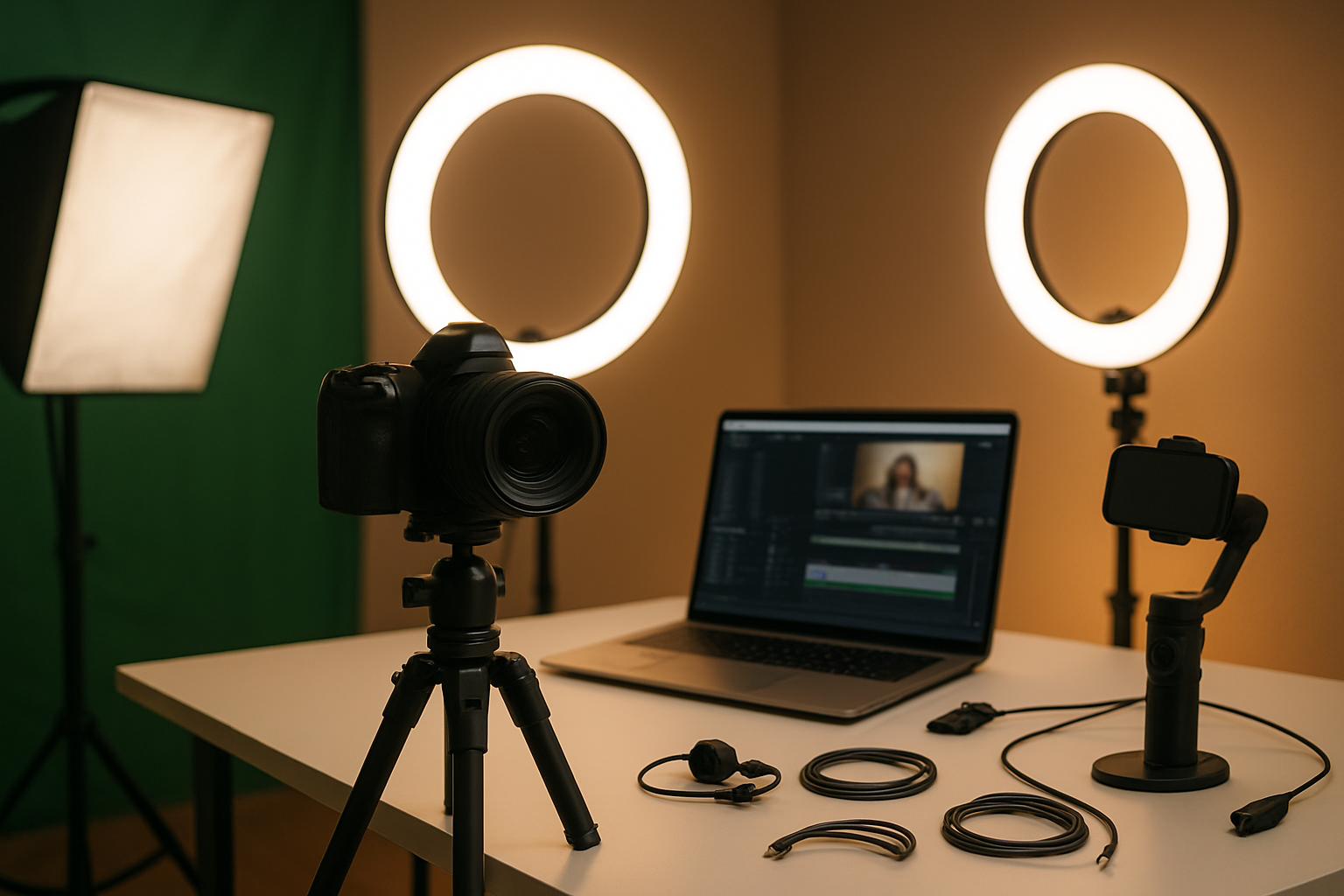 Create a realistic image of a modern content creator workspace featuring a high-end DSLR camera on a tripod, professional ring lights, a wireless lavalier microphone, a laptop displaying video editing software interface, a smartphone with a gimbal stabilizer, studio lighting equipment with softboxes, a green screen backdrop partially visible, and various cables and accessories neatly arranged on a sleek white desk, with warm ambient lighting creating a professional yet inviting atmosphere, absolutely NO text should be in the scene.