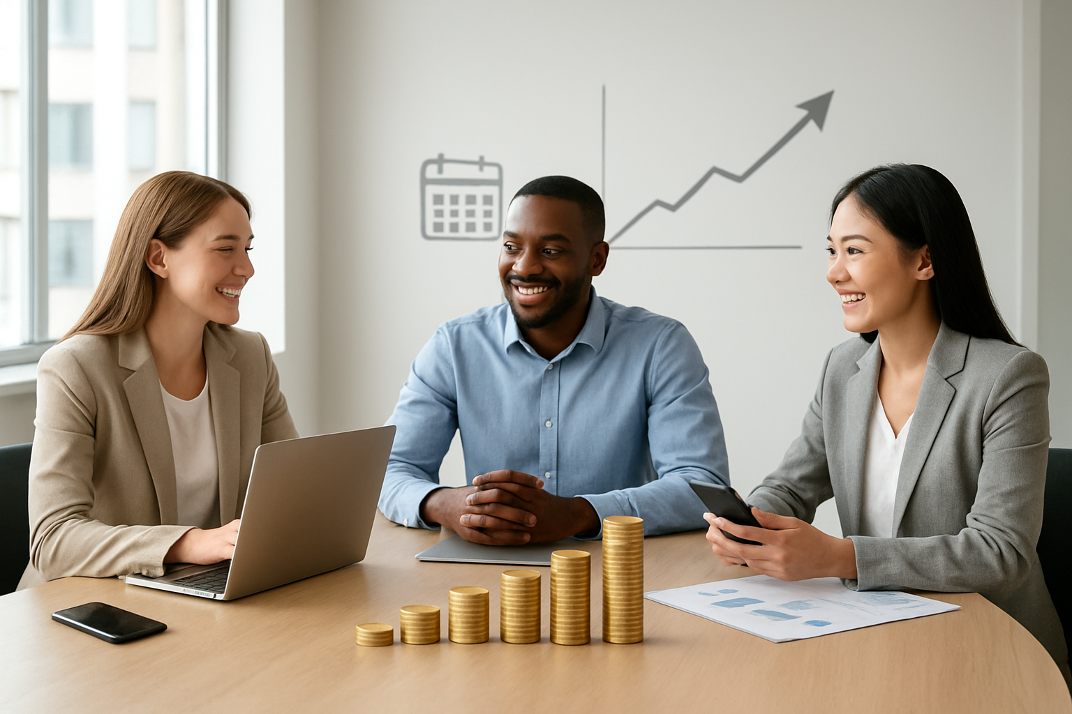 Create a realistic image of a diverse group of people including a white female, black male, and Asian female in their 20s-30s sitting around a modern conference table with laptops, smartphones, and financial documents, surrounded by subtle visual metaphors of consistent investing like stacks of coins gradually increasing in height, a calendar showing monthly intervals, and a smooth upward trending arrow or graph in the background, set in a bright, clean modern office environment with natural lighting from large windows, conveying a sense of steady progress and financial planning without any overwhelming complexity, absolutely NO text should be in the scene.