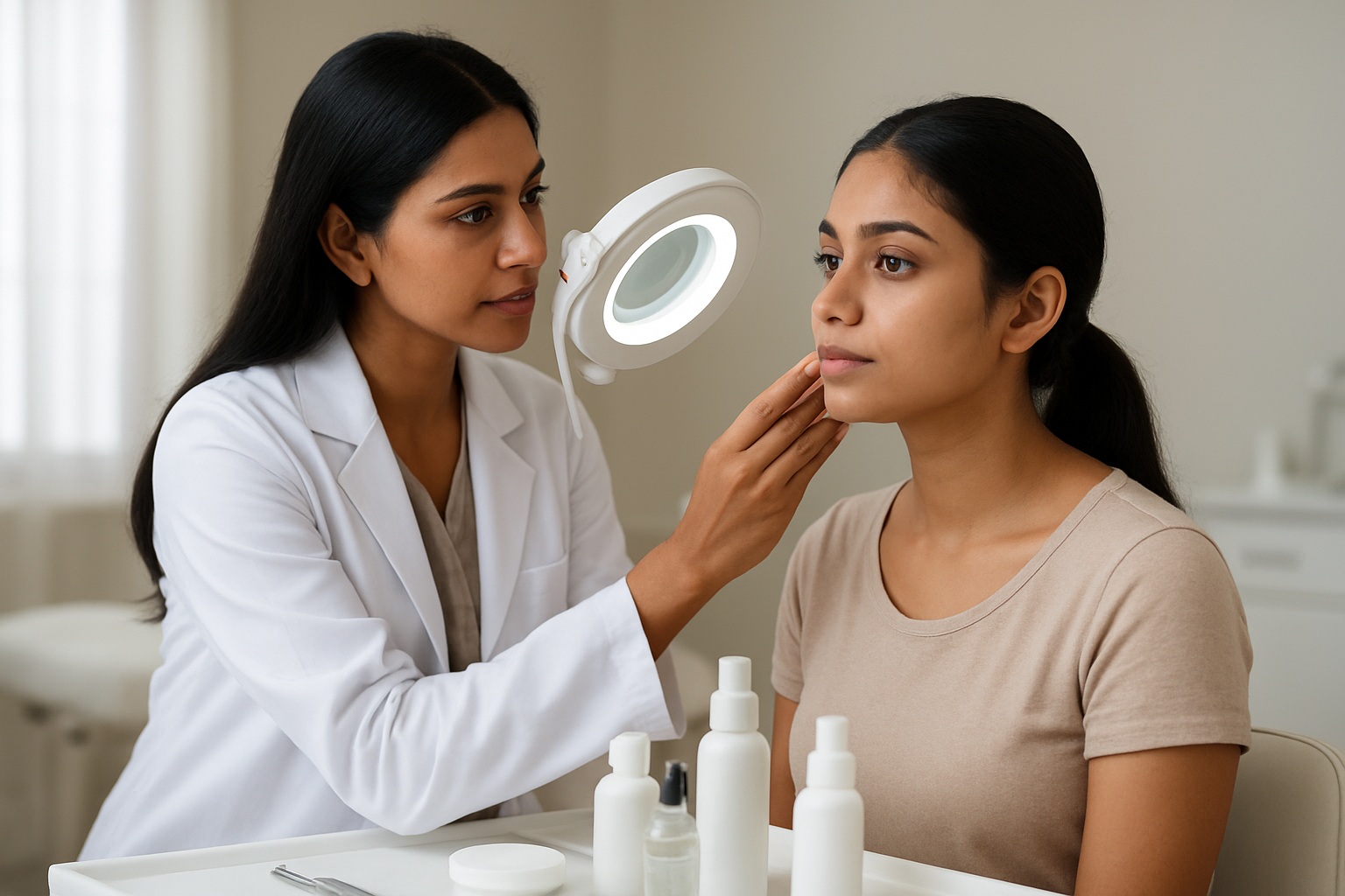 Create a realistic image of a modern skincare consultation scene with a female South Asian dermatologist examining a young Indian woman's face using a magnifying lamp in a clean, well-lit clinic setting, with various targeted skincare products and treatment tools arranged on a white medical tray nearby, soft natural lighting from large windows, professional healthcare atmosphere with neutral colored walls and minimal medical equipment visible in the background, absolutely NO text should be in the scene.