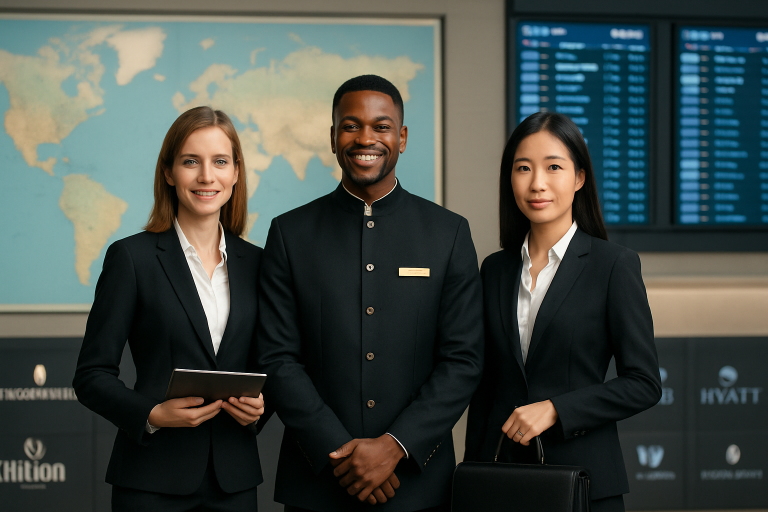 Create a realistic image of a diverse group of hotel management professionals in business attire standing in front of a world map display, including a white female manager holding a tablet, a black male concierge with a professional smile, and an Asian female executive with a briefcase, with modern airport departure boards and international hotel chains' logos visible in the background, bright professional lighting illuminating the scene suggesting international business opportunities, conveying a sense of global connectivity and career advancement in the hospitality industry, absolutely NO text should be in the scene.