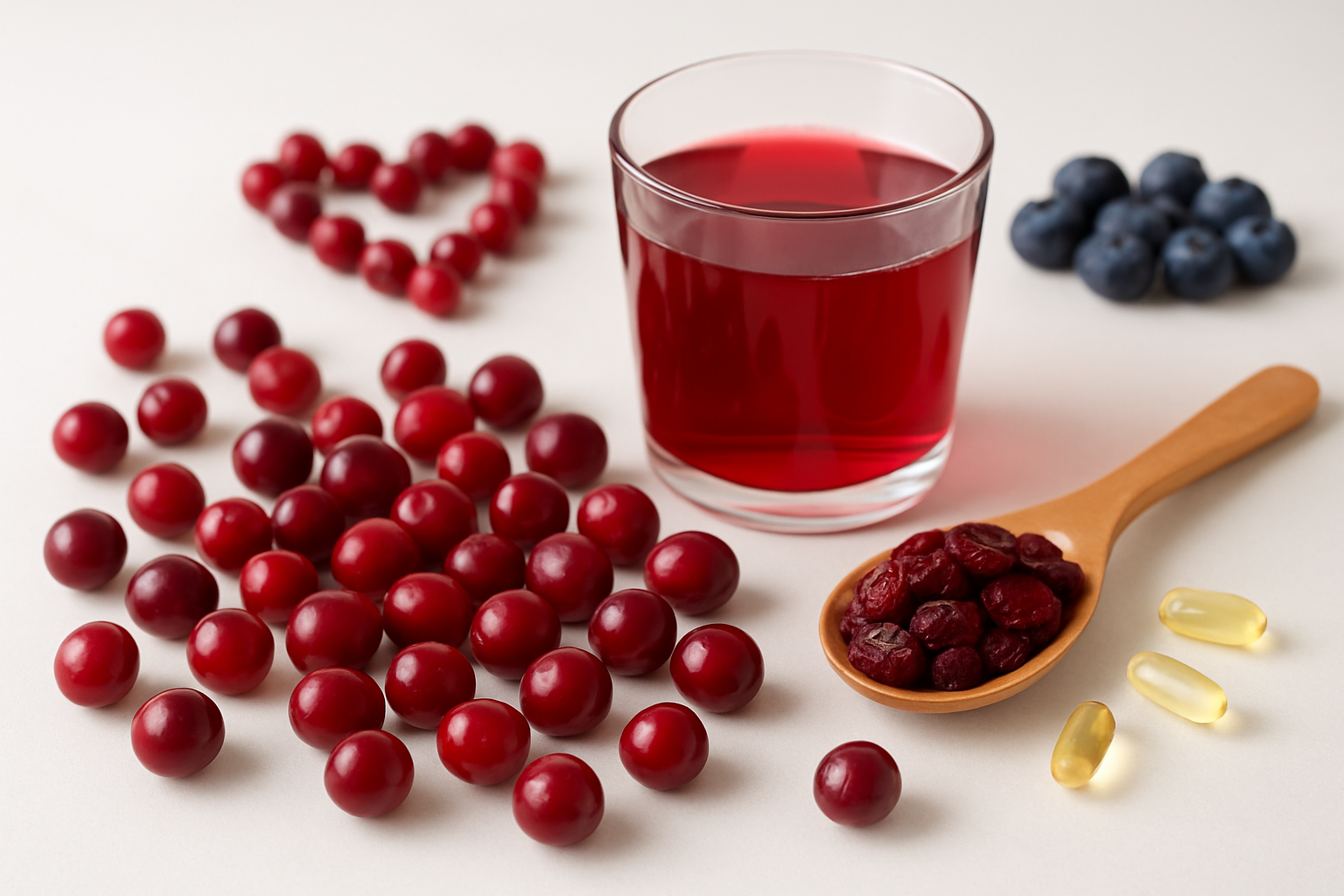 Create a realistic image of fresh red cranberries scattered on a clean white surface with a glass of cranberry juice, vitamin supplement capsules, and a wooden spoon filled with dried cranberries, alongside subtle visual elements suggesting health benefits like a small heart icon made from cranberries and antioxidant-rich blueberries in the background, shot with soft natural lighting from above to highlight the vibrant colors and textures of the cranberries, creating a clean and healthy aesthetic that emphasizes nutrition and wellness, absolutely NO text should be in the scene.