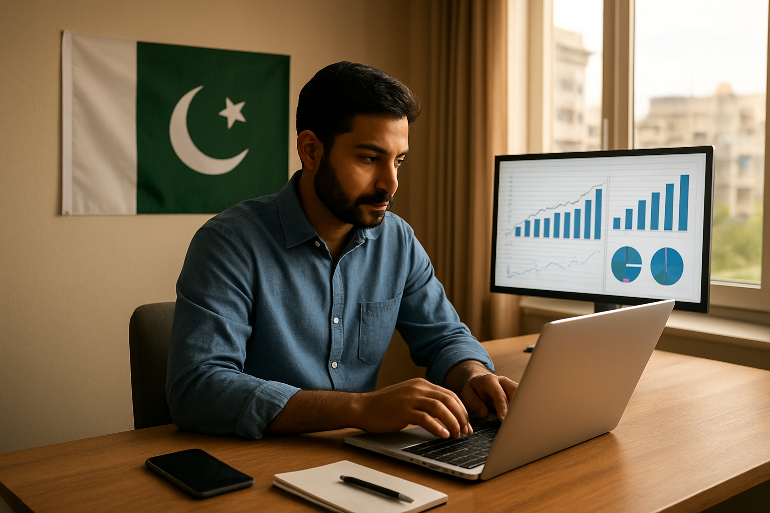 Create a realistic image of a South Asian male freelancer working on a laptop at a modern home office setup in Pakistan, with a Pakistani flag visible on the wall, charts and graphs displayed on a secondary monitor showing freelancing statistics, a smartphone and notebook on the desk, warm natural lighting from a window, urban Pakistani cityscape visible in the background, professional and focused atmosphere conveying growth and opportunity in the digital economy, absolutely NO text should be in the scene.