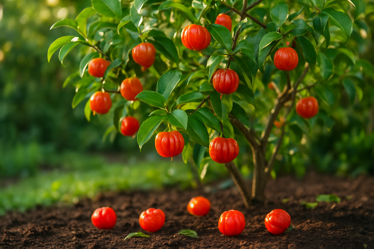 Create a realistic image of a beautiful Surinam cherry tree with vibrant red-orange ribbed fruits hanging from lush green branches, with some ripe cherries fallen on rich dark soil below, surrounded by a well-maintained garden setting with soft natural sunlight filtering through the foliage, creating a peaceful and abundant atmosphere that showcases the complete journey from growing to harvesting these exotic fruits, with shallow depth of field focusing on the detailed texture of the distinctive ribbed cherries while maintaining a warm, inviting mood that represents successful cultivation and the rewarding nature of growing your own Surinam cherries, absolutely NO text should be in the scene.