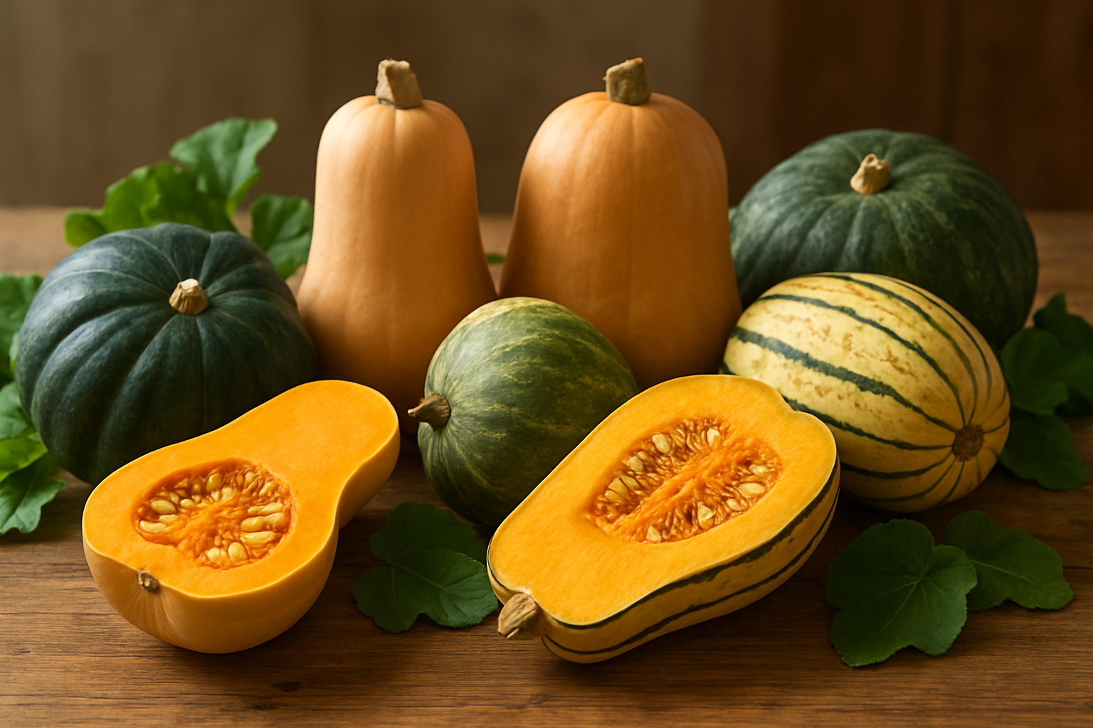 Create a realistic image of a vibrant display of various colorful squash fruits including butternut, acorn, delicata, and kabocha squashes arranged on a rustic wooden table, with some cut in half to show their flesh and seeds, surrounded by fresh green leaves, with soft natural lighting streaming from the side creating gentle shadows, emphasizing the rich textures and natural colors of the squashes in a warm, inviting kitchen or farmers market setting, absolutely NO text should be in the scene.