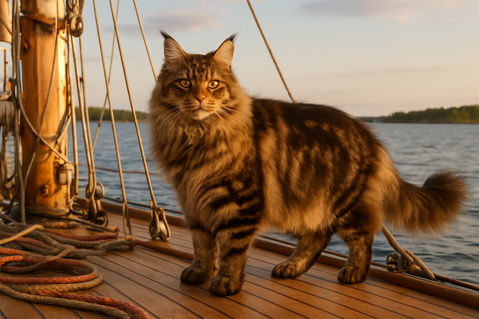 Create a realistic image of a large Maine Coon cat with distinctive tabby markings standing confidently on the deck of a sailing boat, with Finnish waters and coastline visible in the background, the cat's thick fur slightly ruffled by ocean breeze, sailing equipment like ropes and rigging visible around the boat, warm golden hour lighting creating a majestic atmosphere, the massive size of the cat emphasized against the boat's proportions, absolutely NO text should be in the scene.