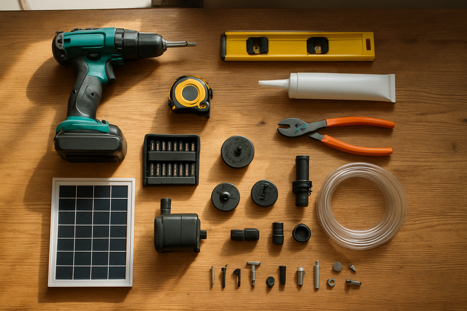 Create a realistic image of tools and materials laid out on a wooden workbench for solar water fountain installation, including a cordless drill with bits, screwdriver set, measuring tape, level, waterproof sealant tube, pliers, wire strippers, small solar panel, water pump components, fountain decorative pieces, plastic tubing, and various screws and fittings neatly organized and ready for assembly, with bright natural lighting from a window creating clear visibility of all items, absolutely NO text should be in the scene.