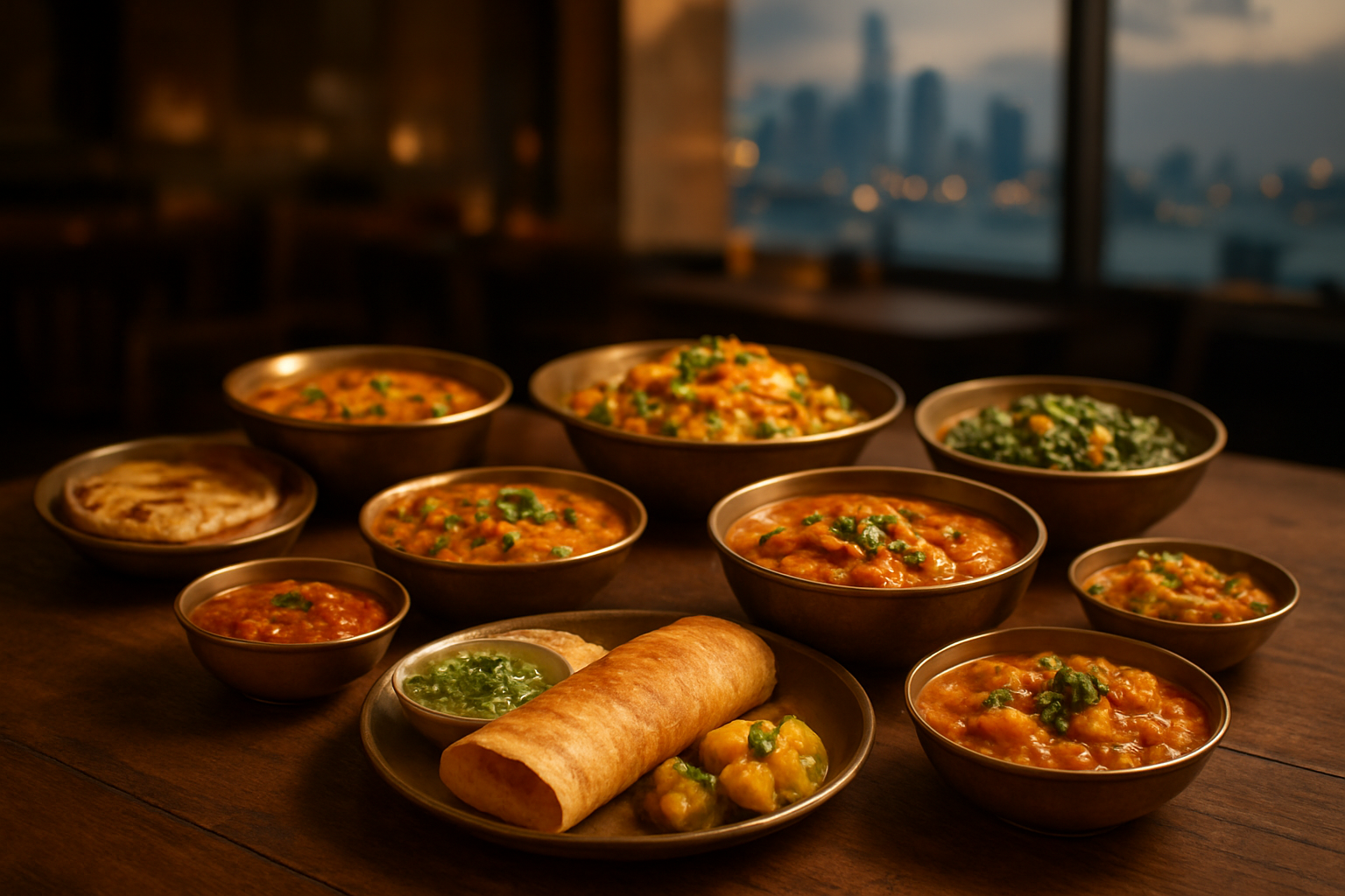 image of a beautifully arranged spread of vibrant Indian vegetarian dishes displayed on a rustic wooden table, featuring colorful curries, dosas, biryanis, and chutneys in elegant serving bowls, with warm golden lighting creating an inviting and appetizing atmosphere, set against a softly blurred modern restaurant interior with subtle Singapore city skyline visible through a large window in the background, capturing a celebratory and satisfying dining mood that evokes the richness of Indian vegetarian cuisine. Absolutely NO text should be in the scene.