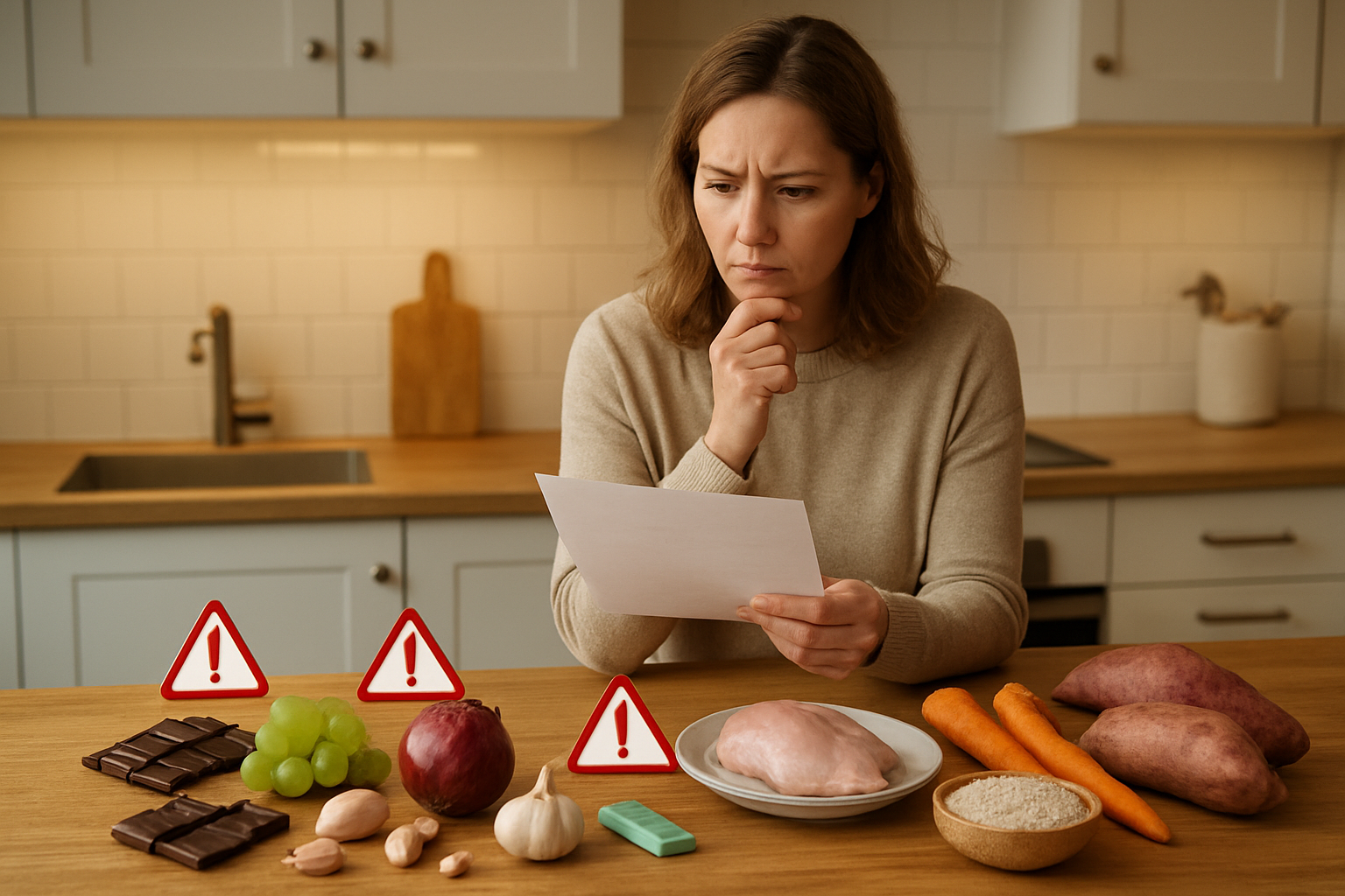 Create a realistic image of a kitchen counter scene showing dangerous foods for dogs separated from safe ingredients, with toxic items like chocolate bars, grapes, onions, garlic cloves, and xylitol gum on the left side marked with red warning symbols, while safe dog food ingredients like lean chicken, carrots, rice, and sweet potatoes are arranged on the right side, with a concerned white female dog owner in the background reading safety information, warm kitchen lighting, clean modern kitchen setting with wooden countertops and white cabinets, educational and cautionary mood. Absolutely NO text should be in the scene.