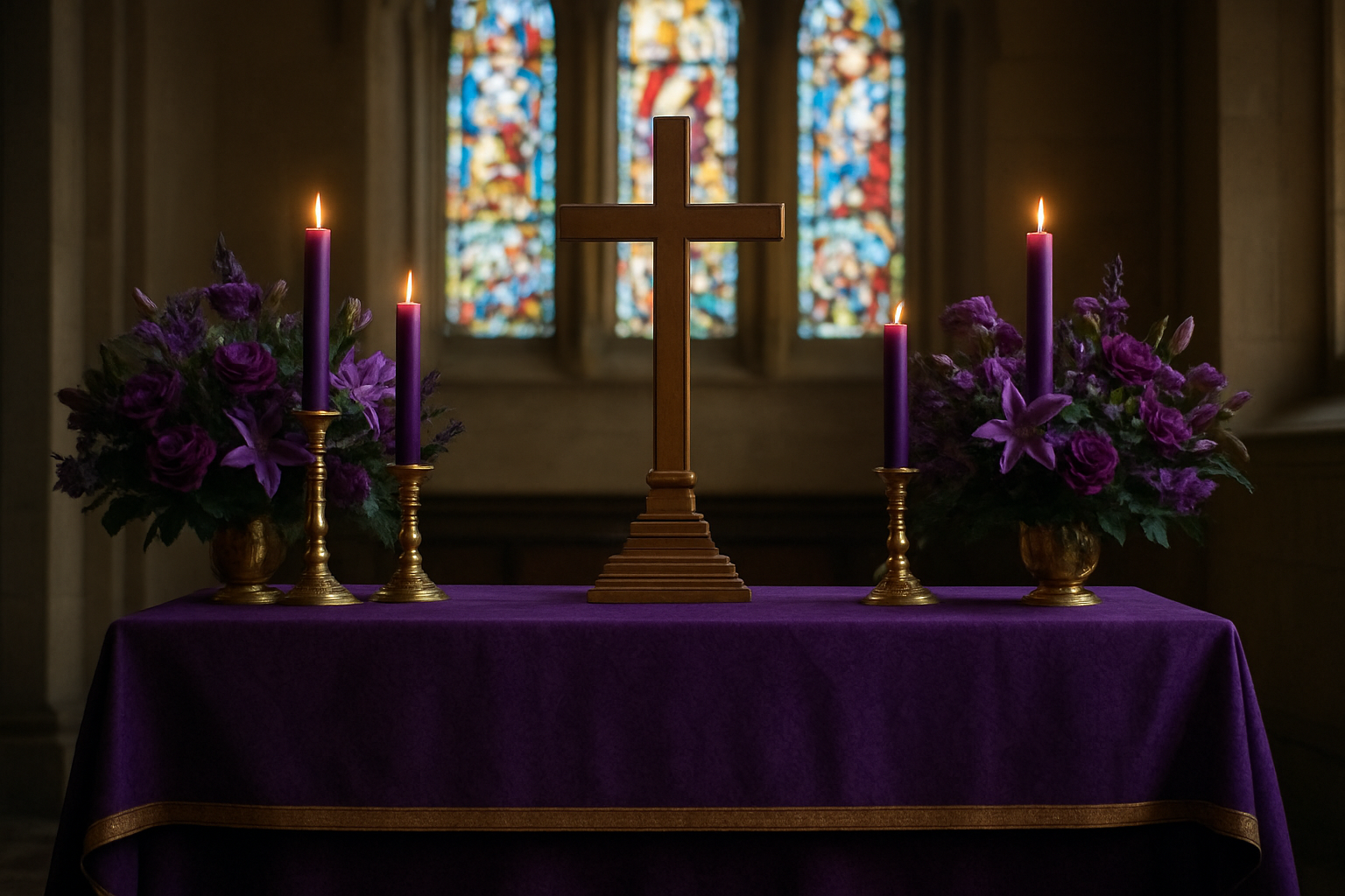 Create a realistic image of a elegant church altar decorated for Easter with rich purple liturgical cloth draped over the altar table, purple candles in ornate golden candlesticks, deep purple flowers including lilies and roses arranged in vases, a wooden cross prominently displayed, stained glass windows casting colorful light in the background, creating a solemn and reverent atmosphere with soft natural lighting filtering through the church interior, absolutely NO text should be in the scene.
