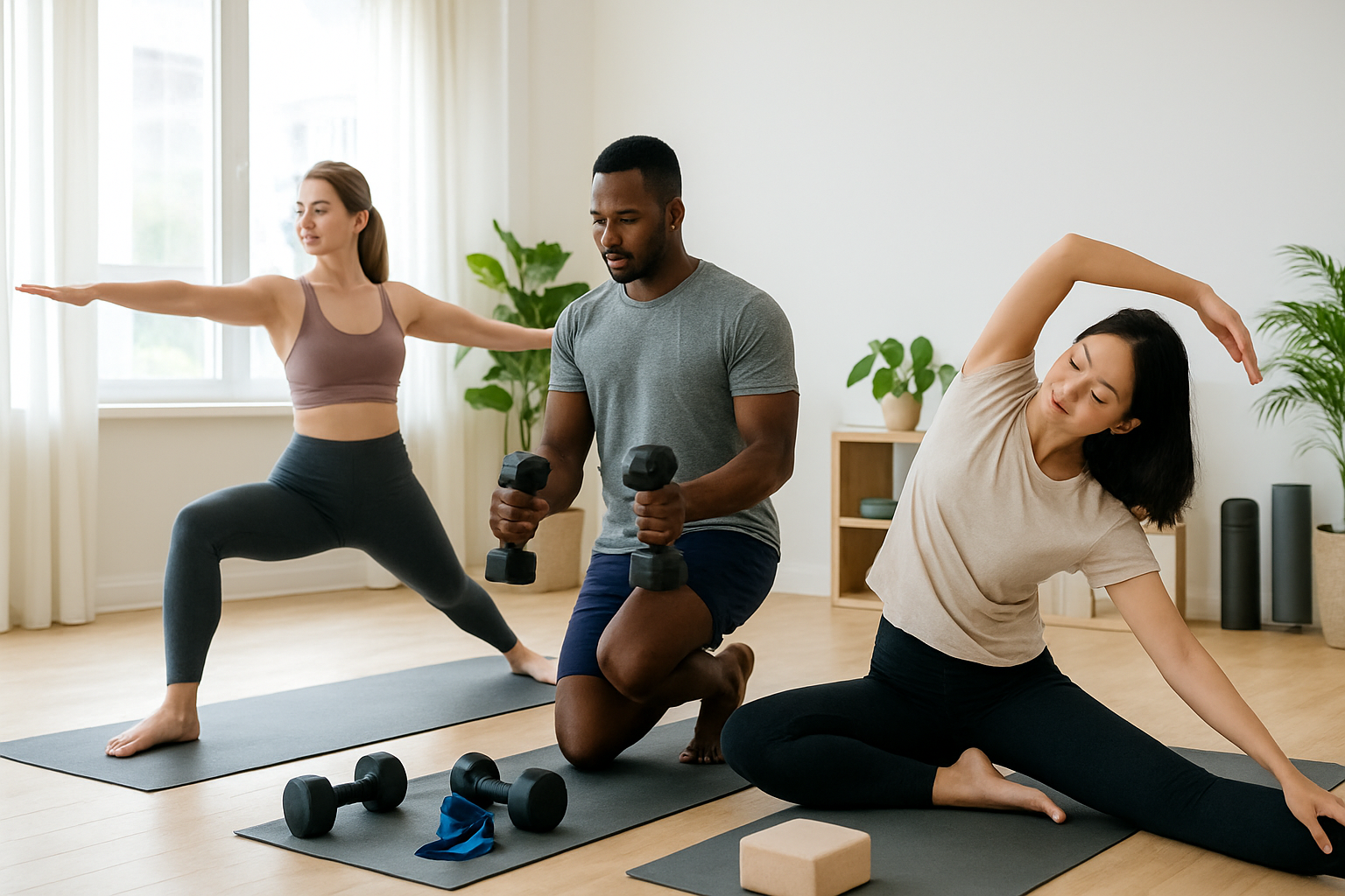Create a realistic image of a diverse group of people including a white female, black male, and Asian female in comfortable workout attire exercising together in a bright, modern home gym space with natural lighting streaming through large windows, showing them performing various sustainable exercises like yoga poses, light weight training, and stretching on exercise mats, with minimal equipment including dumbbells, resistance bands, and yoga blocks neatly organized in the background, creating a motivating and achievable fitness environment that emphasizes consistency over intensity, with plants and clean minimalist decor suggesting a healthy lifestyle approach, absolutely NO text should be in the scene.