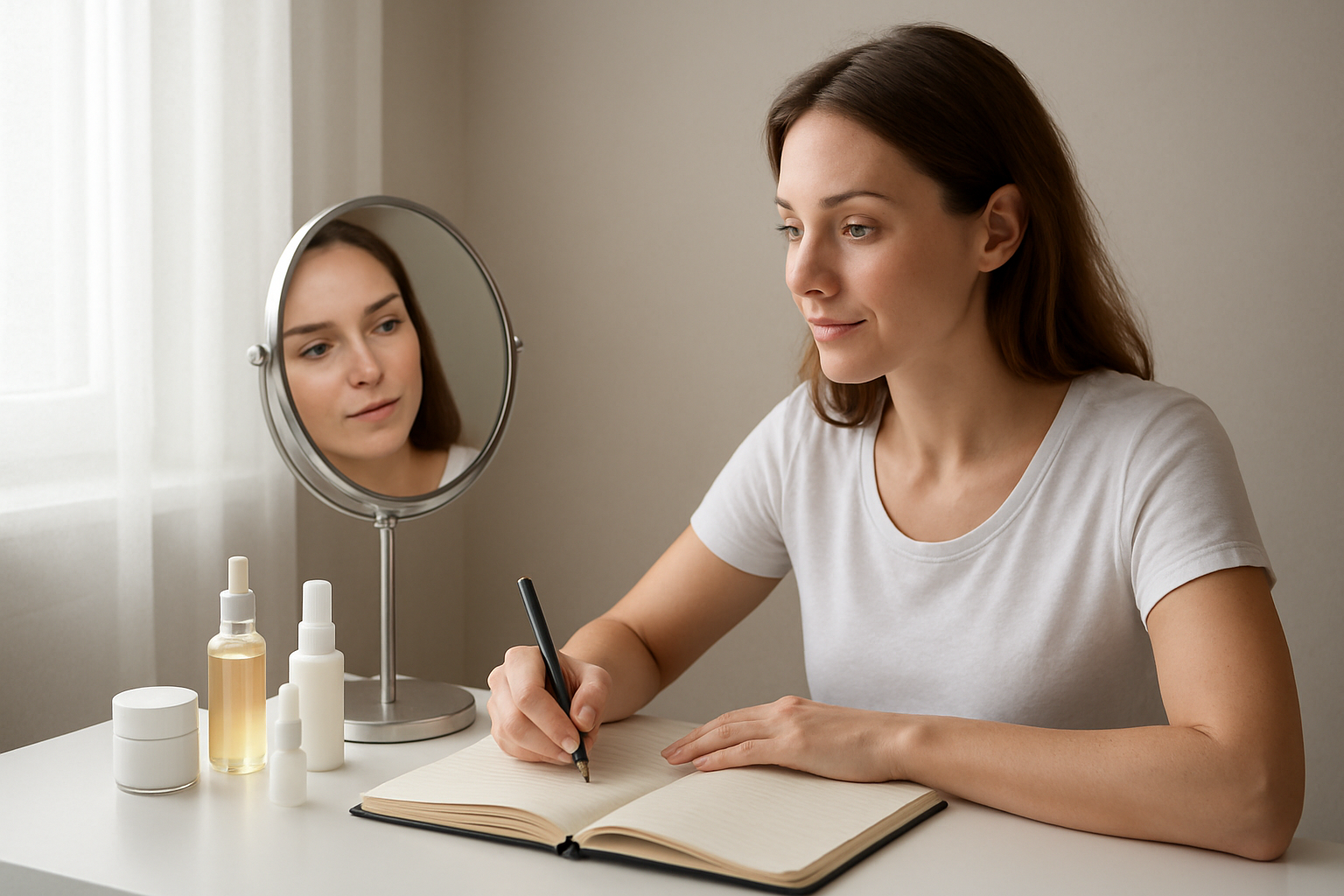 Create a realistic image of a white female in her 30s sitting at a clean white vanity table, writing in an open journal with a pen while looking at herself in a round mirror, with skincare products including serums and creams neatly arranged on the table surface, soft natural lighting coming from a nearby window creating a bright and hopeful atmosphere, showcasing a daily skincare routine tracking scenario, absolutely NO text should be in the scene.