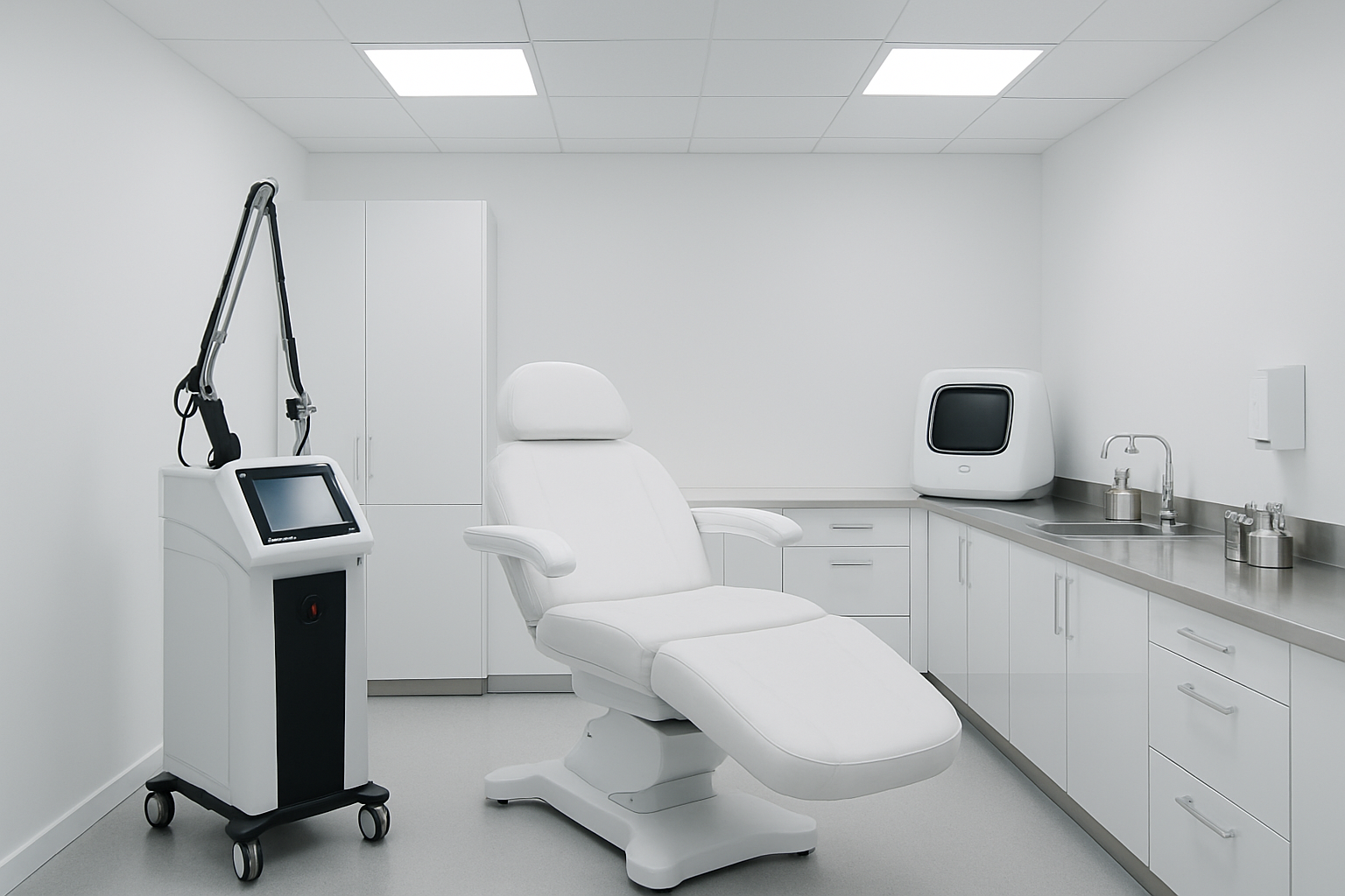 Create a realistic image of a modern dermatology clinic treatment room featuring advanced skincare equipment including a high-tech laser device, digital skin analysis machine, and sleek medical instruments arranged on sterile white countertops, with pristine white walls, LED lighting panels creating bright clinical illumination, comfortable treatment chair in the center, and gleaming stainless steel surfaces reflecting the professional medical environment, absolutely NO text should be in the scene.