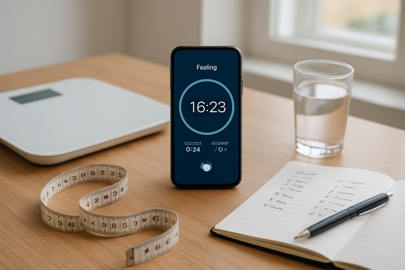 Create a realistic image of a clean, organized workspace showing intermittent fasting progress tracking with a smartphone displaying a fasting app timer, a digital scale on a wooden surface, a measuring tape, a notebook with handwritten progress notes, a pen, and a glass of water, all arranged on a minimalist desk near a bright window with natural lighting creating a motivational and focused atmosphere for long-term health journey success, absolutely NO text should be in the scene.