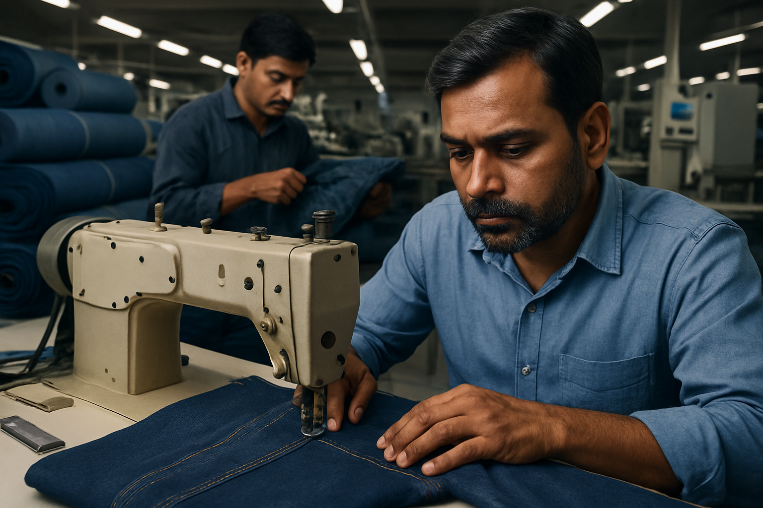 Create a realistic image of skilled Indian craftsmen working on premium denim jeans in a modern textile manufacturing facility, showing close-up details of precise stitching, quality fabric inspection, and meticulous handiwork, with industrial sewing machines, rolls of high-quality denim fabric in various shades of blue, measuring tools, and quality control equipment visible in the background, professional workshop lighting illuminating the detailed craftsmanship, conveying expertise and precision in denim manufacturing, absolutely NO text should be in the scene.