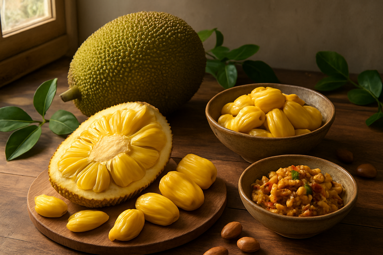 Create a realistic image of a beautifully arranged scene showcasing jackfruit in multiple forms on a rustic wooden kitchen counter, featuring a whole spiky yellow-green jackfruit, freshly cut jackfruit segments revealing golden flesh pods, a bowl of extracted jackfruit bulbs, and jackfruit prepared as a savory dish in a ceramic bowl, with natural warm sunlight streaming from a window creating soft shadows, surrounded by fresh green leaves and a few scattered jackfruit seeds, conveying a sense of discovery and culinary completion in a cozy kitchen setting, absolutely NO text should be in the scene.