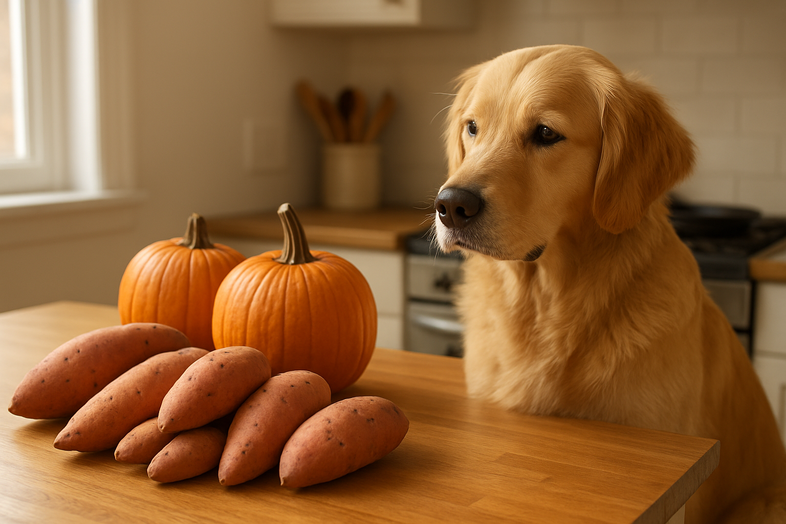 Create a realistic image of fresh sweet potatoes and orange pumpkins arranged on a clean wooden kitchen counter, with a healthy golden retriever dog sitting nearby looking interested but patient, natural warm lighting streaming through a window, cozy home kitchen background with subtle cooking utensils visible, emphasizing the natural wholesome ingredients, absolutely NO text should be in the scene.