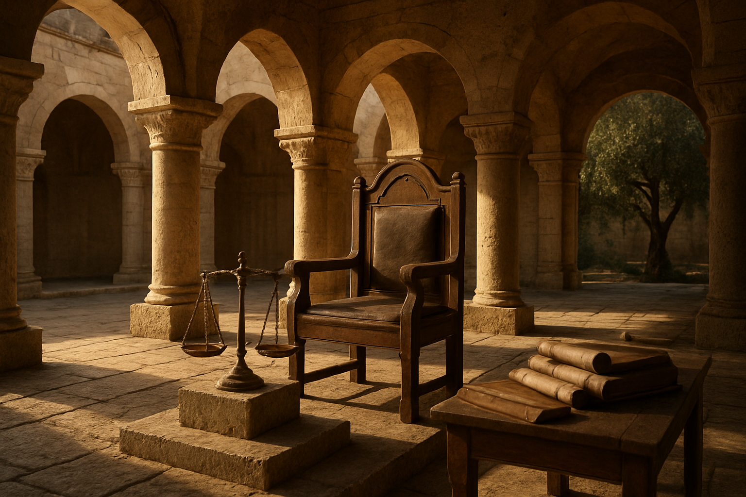 Create a realistic image of an ancient Middle Eastern courtyard with stone pillars and arches, featuring a wooden judge's seat or throne positioned prominently in the center, surrounded by balanced scales of justice resting on a stone pedestal, scrolls and ancient texts scattered on a wooden table nearby, warm golden sunlight filtering through the archways casting dramatic shadows on the weathered stone floor, creating a solemn and authoritative atmosphere that conveys wisdom and judicial authority, with olive trees visible in the background courtyard, absolutely NO text should be in the scene.