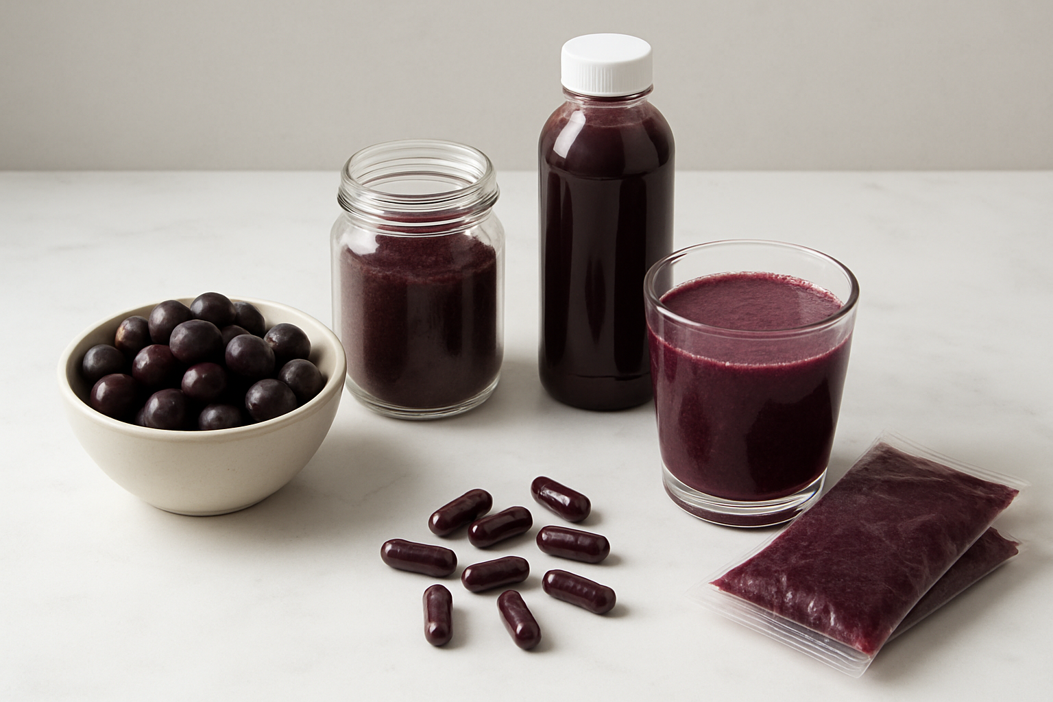 Create a realistic image of various forms of acai berry products arranged on a clean white marble countertop, including a bowl of fresh dark purple acai berries, acai powder in a glass jar, acai juice in a clear bottle, acai smoothie in a glass, acai capsules scattered nearby, and frozen acai puree packets, with soft natural lighting from the side creating gentle shadows, shot from a slightly elevated angle to show all products clearly, with a neutral light gray background, absolutely NO text should be in the scene.