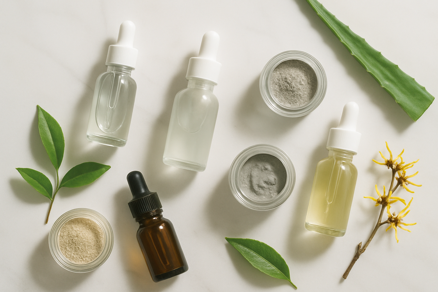 Create a realistic image of various skincare ingredient bottles and containers arranged on a clean white marble surface, featuring glass dropper bottles with salicylic acid, niacinamide serum, tea tree oil, and clay mask powder in small jars, with fresh green tea leaves, witch hazel sprigs, and aloe vera plant leaves scattered around as natural ingredient elements, shot with soft natural lighting from above creating gentle shadows, clean minimalist background with subtle skincare laboratory aesthetic, absolutely NO text should be in the scene.
