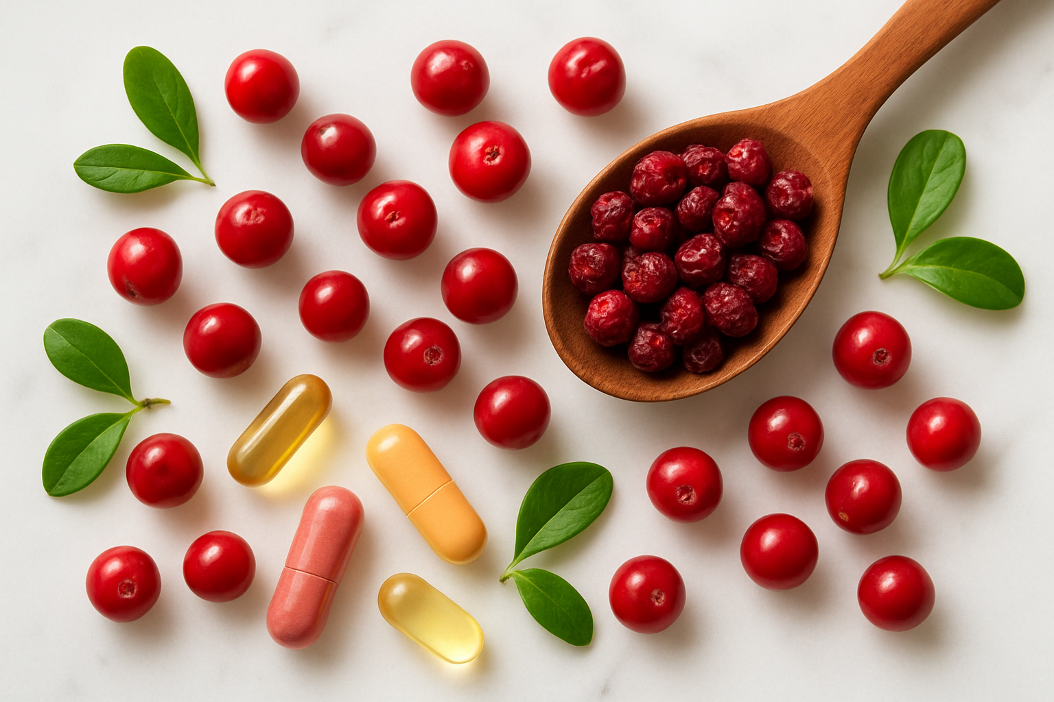 Create a realistic image of fresh red lingonberries scattered artistically on a clean white marble surface alongside colorful vitamin capsules, fresh green leaves, and a wooden spoon filled with dried lingonberries, with soft natural lighting creating gentle shadows, conveying health and nutrition benefits, shot from above in a flat lay style with shallow depth of field, absolutely NO text should be in the scene.