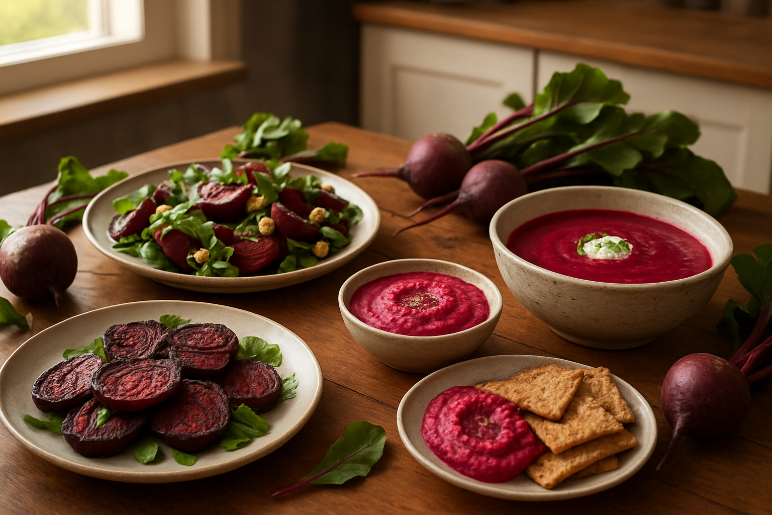 Create a realistic image of a beautiful kitchen table spread featuring various delicious beetroot dishes including roasted beetroot salad, beetroot soup in a bowl, beetroot hummus with crackers, and grilled beetroot slices on plates, with fresh whole beetroots and beetroot leaves scattered around the table, warm natural lighting from a window, cozy kitchen background with wooden countertops, representing meals for breakfast lunch and dinner, vibrant purple and red colors from the beetroot dishes, absolutely NO text should be in the scene.