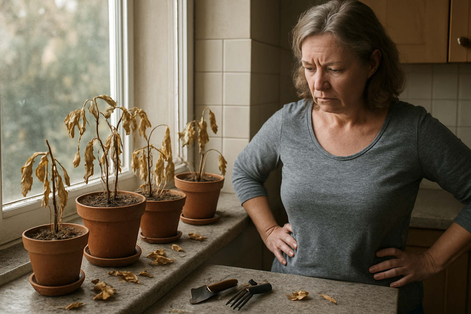 Create a realistic image of wilted and dying potted plants on a kitchen windowsill, showing brown and yellowing leaves, dry soil with visible cracks, some fallen leaves scattered around the pots, overturned small gardening tools, and a frustrated middle-aged white female looking down at the failed plants with her hands on her hips, natural daylight streaming through the window creating a somber mood that emphasizes the struggle of growing plants indoors, absolutely NO text should be in the scene.