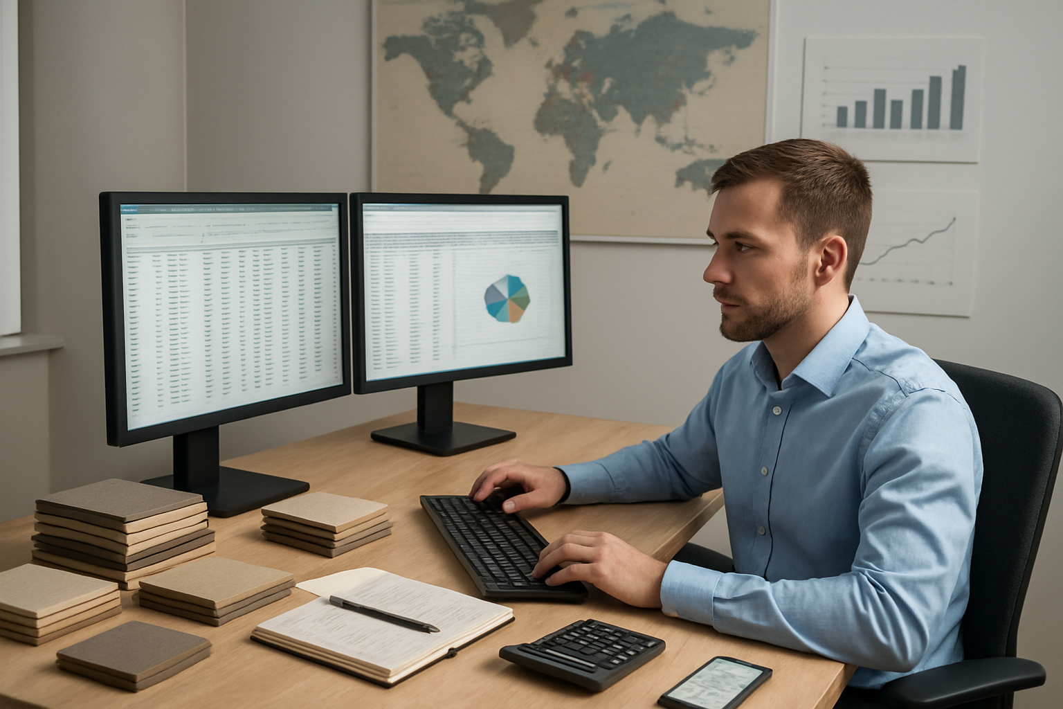 Create a realistic image of a modern office workspace with a white male business analyst in his 30s sitting at a desk with dual computer monitors displaying supplier databases and product evaluation spreadsheets, surrounded by organized stacks of product samples, a world map on the wall with pins marking global supplier locations, charts and graphs showing market analysis data, a calculator, notebooks with sourcing notes, and a smartphone displaying supplier contact information, with professional lighting illuminating the clean, organized workspace that conveys strategic business planning and international trade research. Absolutely NO text should be in the scene.